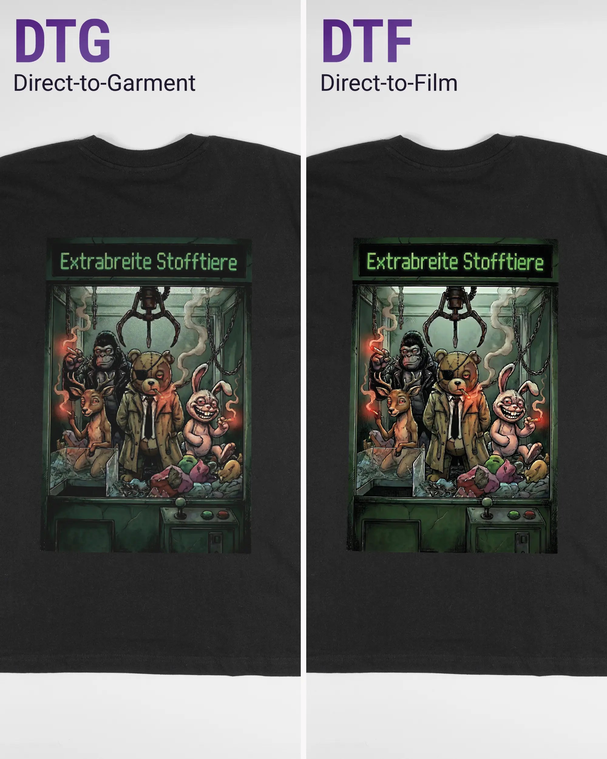 Vergleich der Rückseiten des Basic Unisex T-Shirt Oversized von Maondo mit dem Design Extrabreit in der Farbe Black und in der Größe L links mit dem Direct-to-Garment und rechts mit dem Direct-to-Film Verfahren