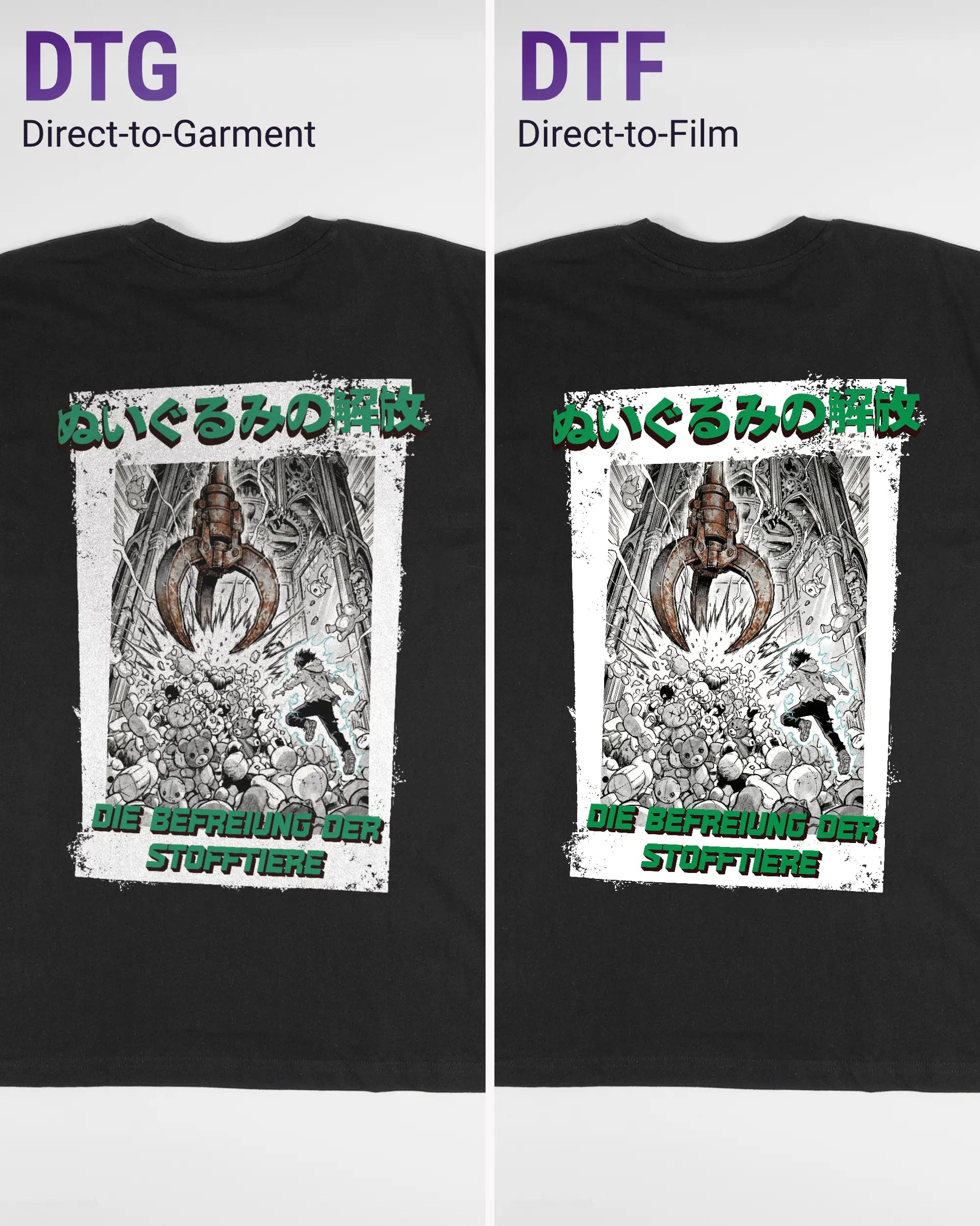 Vergleich der Rückseiten des Basic Unisex T-Shirt Oversized von Maondo mit dem Design Save 1 Stofftier in der Farbe Black und in der Größe L links mit dem Direct-to-Garment und rechts mit dem Direct-to-Film Verfahren