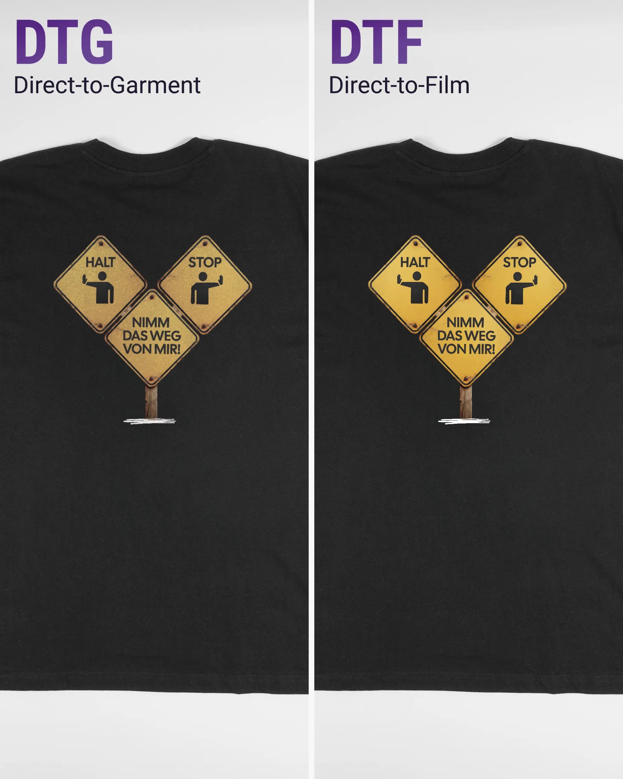 Vergleich der Rückseiten des Basic Unisex T-Shirt Oversized von Maondo mit dem Design Schutzschild in der Farbe Black und in der Größe L links mit dem Direct-to-Garment und rechts mit dem Direct-to-Film Verfahren