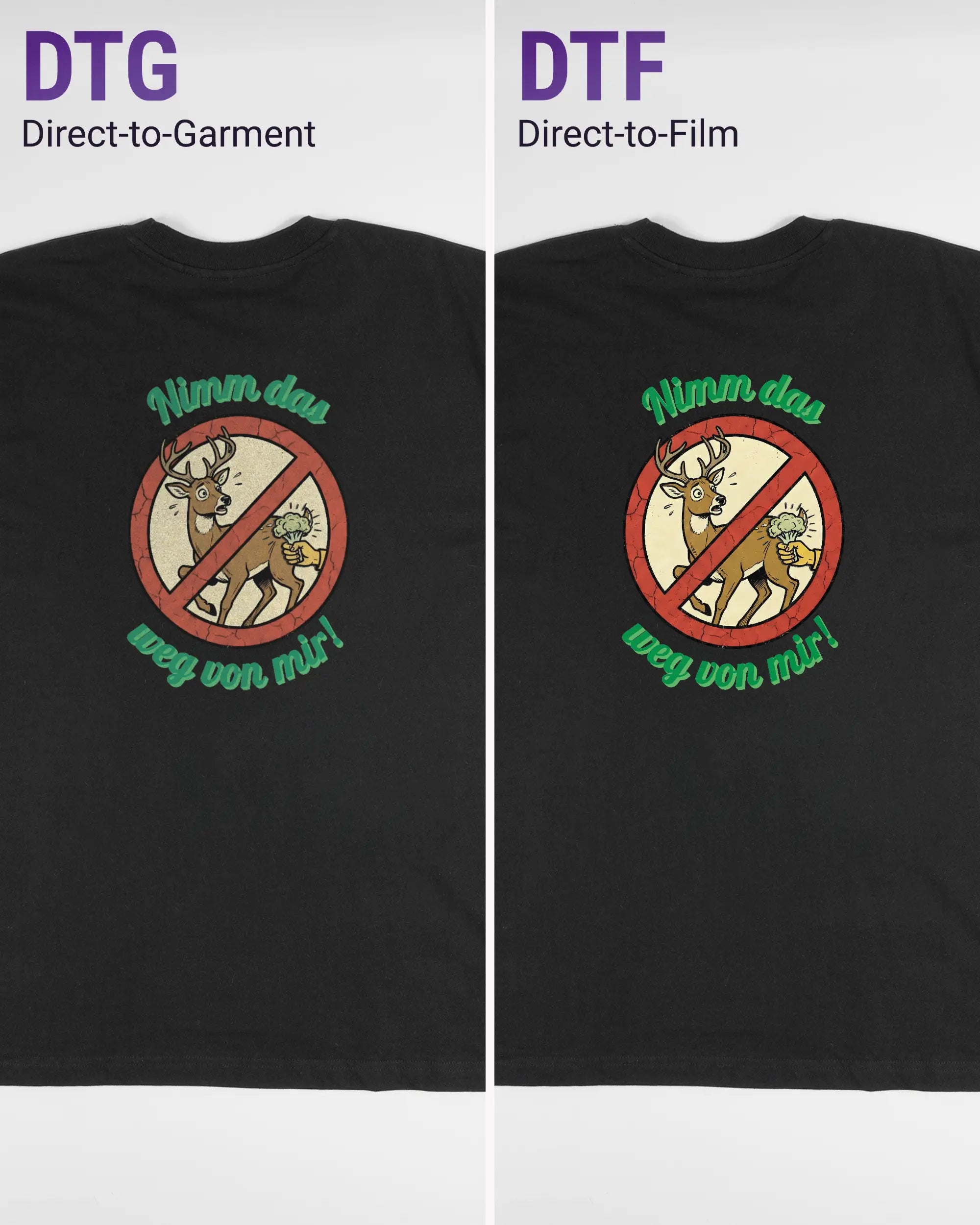 Vergleich der Rückseiten des Basic Unisex T-Shirt Oversized von Maondo mit dem Design Reh weg in der Farbe Black und in der Größe L links mit dem Direct-to-Garment und rechts mit dem Direct-to-Film Verfahren