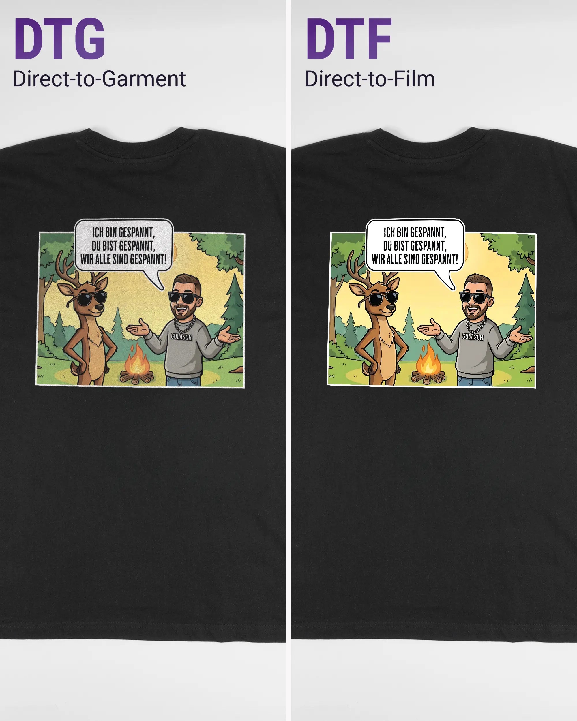 Vergleich der Rückseiten des Basic Unisex T-Shirt Oversized von Maondo mit dem Design Vollspannung in der Farbe Black und in der Größe L links mit dem Direct-to-Garment und rechts mit dem Direct-to-Film Verfahren