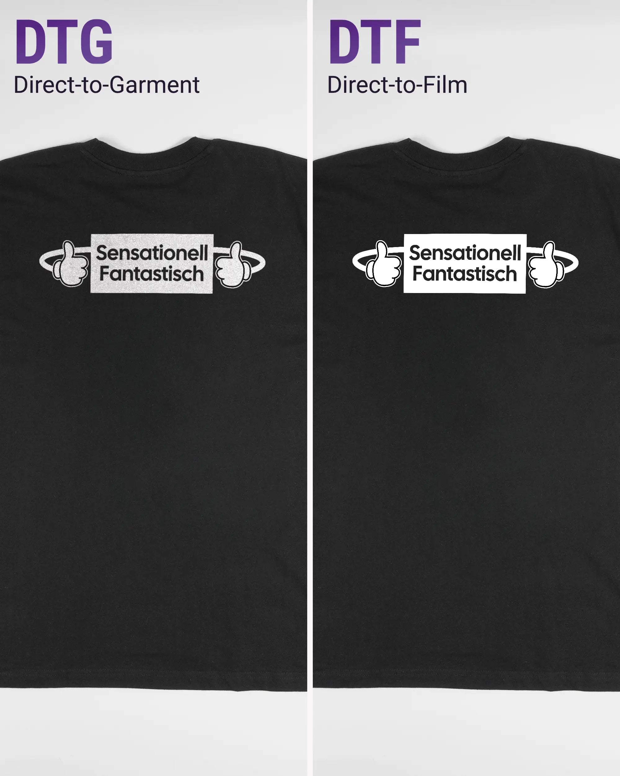 Vergleich der Rückseiten des Basic Unisex T-Shirt Oversized von Maondo mit dem Design Fantastisch in der Farbe Black und in der Größe L links mit dem Direct-to-Garment und rechts mit dem Direct-to-Film Verfahren