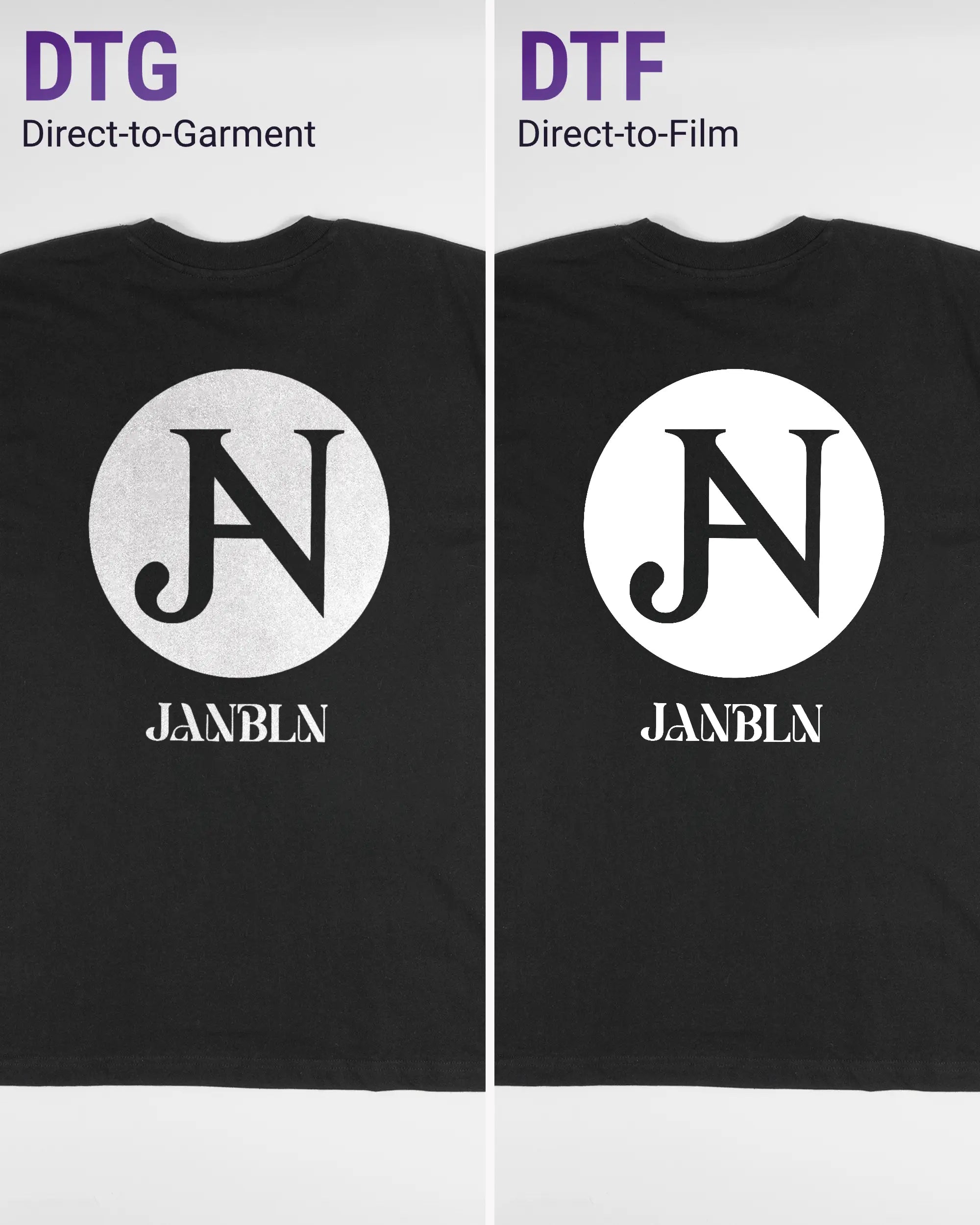 Vergleich der Rückseiten des Basic Unisex T-Shirt Oversized von Maondo mit dem Design JB1 in der Farbe Black und in der Größe L links mit dem Direct-to-Garment und rechts mit dem Direct-to-Film Verfahren