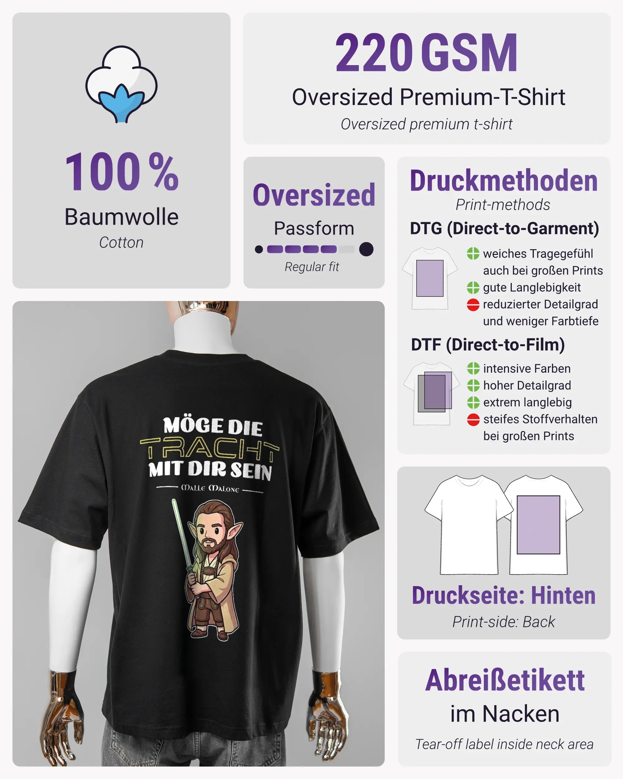 Produktinformationsblatt des Basic Unisex T-Shirt Oversized von Maondo mit dem Design Tracht mit dir hinten in der Farbe Black und in der Größe L