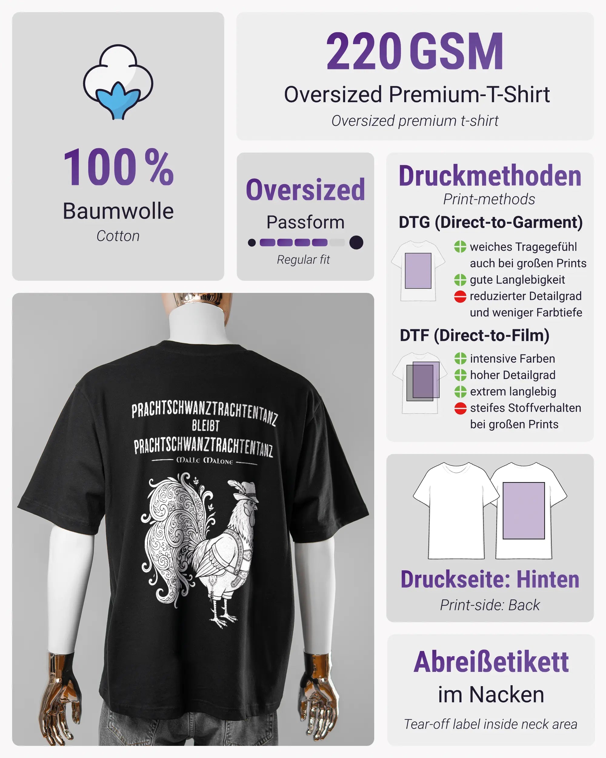 Produktinformationsblatt des Basic Unisex T-Shirt Oversized von Maondo mit dem Design Trachtentanz hinten in der Farbe Black und in der Größe L