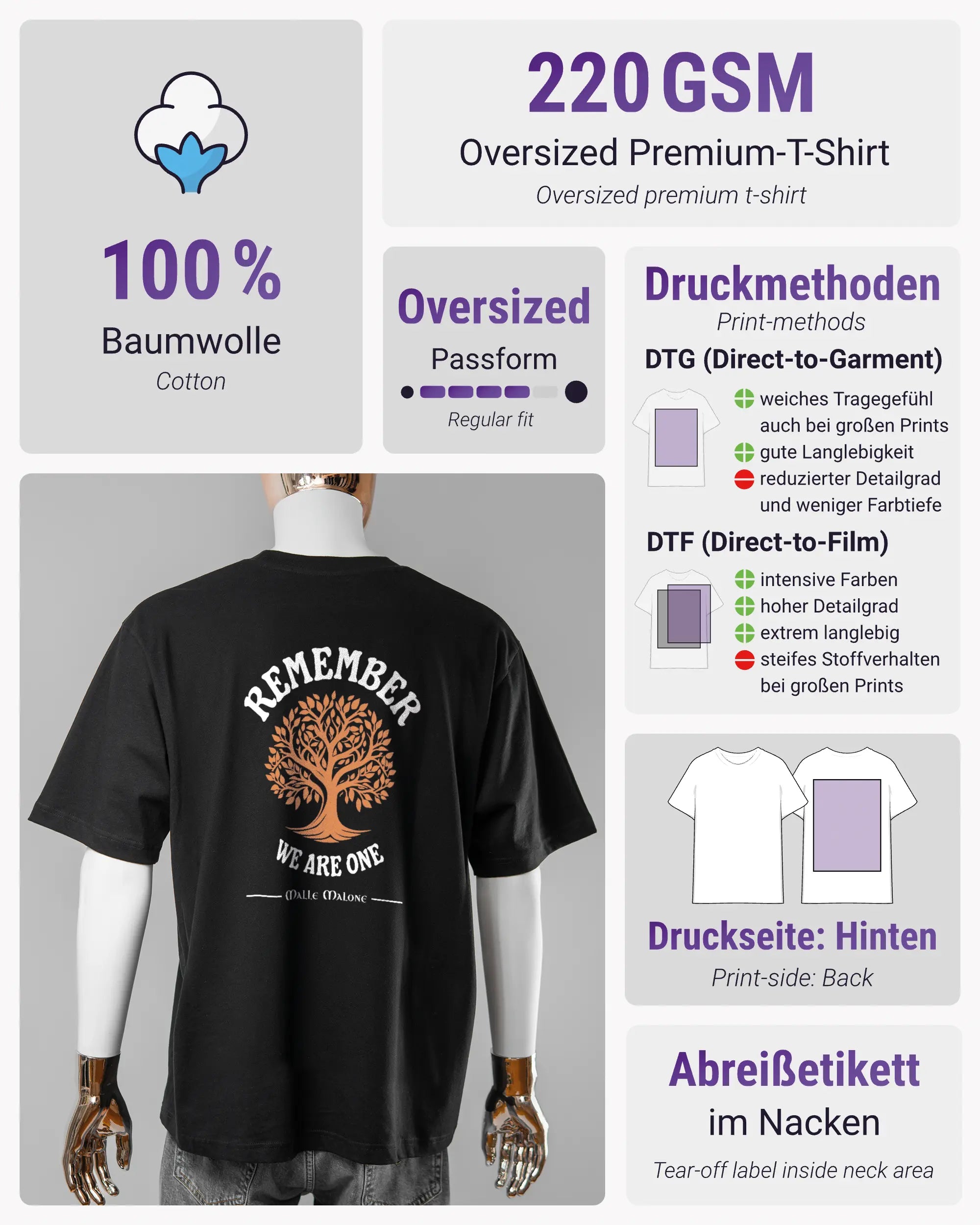 Produktinformationsblatt des Basic Unisex T-Shirt Oversized von Maondo mit dem Design We are one hinten in der Farbe Black und in der Größe L