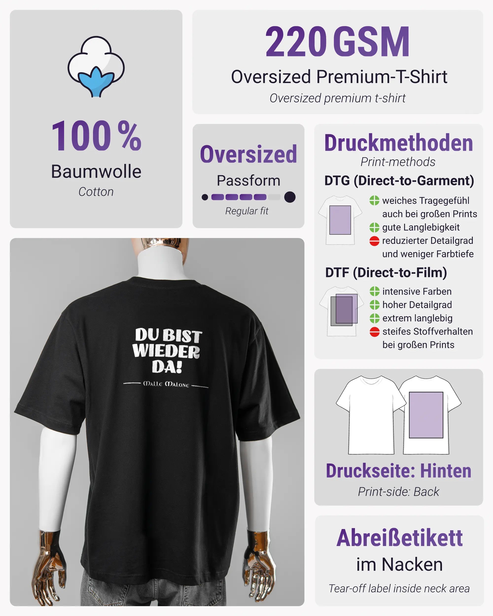 Produktinformationsblatt des Basic Unisex T-Shirt Oversized von Maondo mit dem Design Wieder da hinten in der Farbe Black und in der Größe L