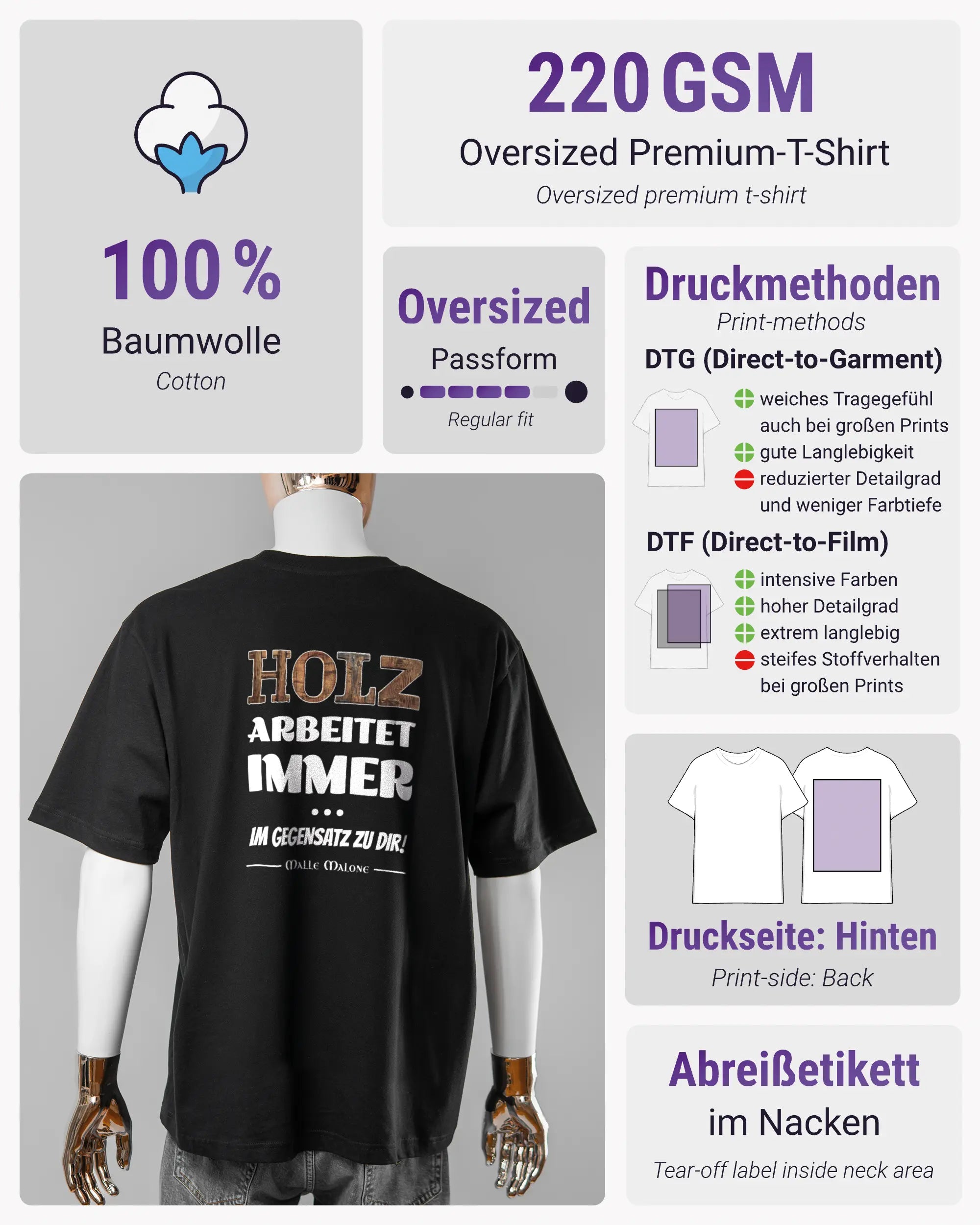 Produktinformationsblatt des Basic Unisex T-Shirt Oversized von Maondo mit dem Design Holzarbeit hinten in der Farbe Black und in der Größe L