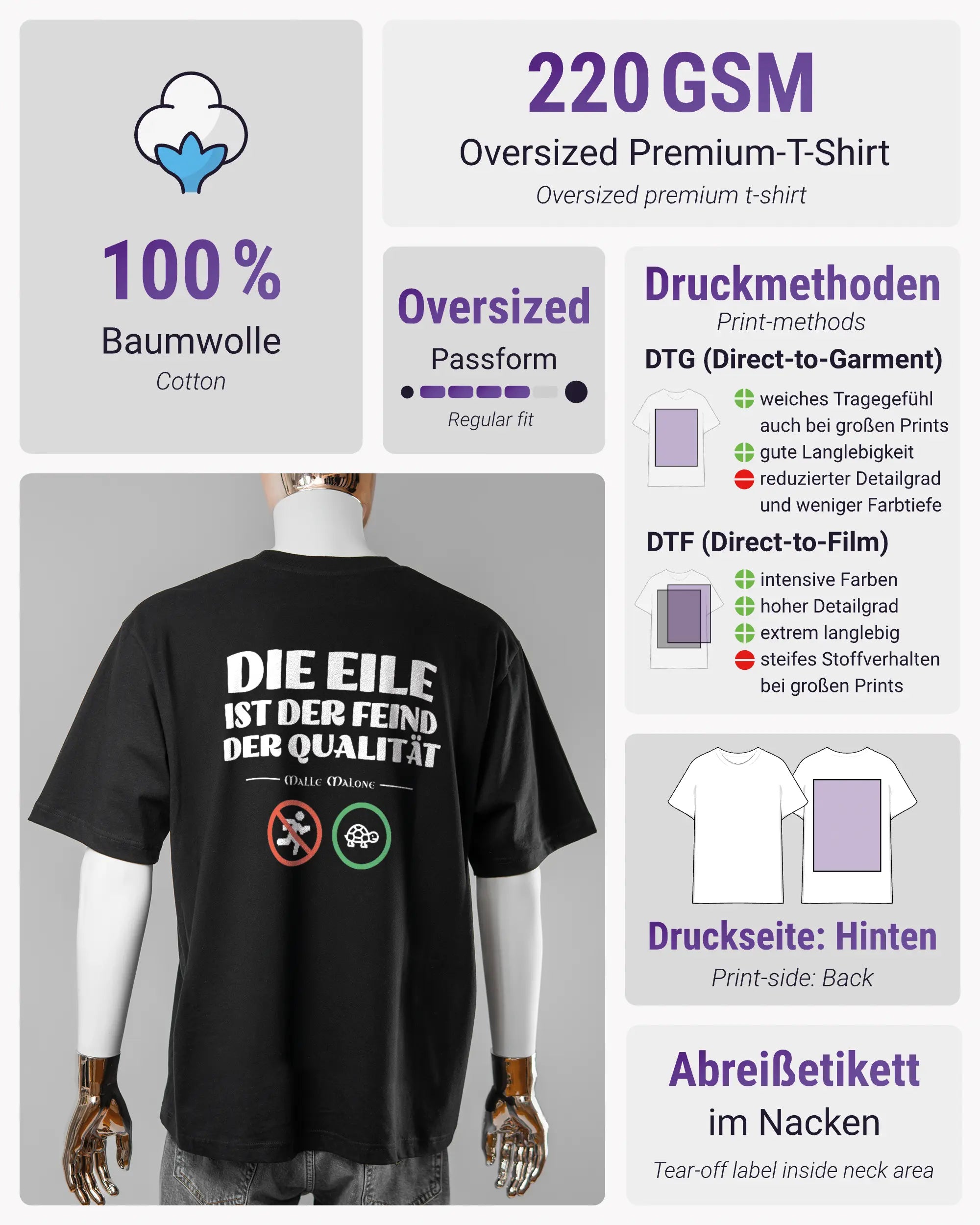 Produktinformationsblatt des Basic Unisex T-Shirt Oversized von Maondo mit dem Design Keine Eile hinten in der Farbe Black und in der Größe L