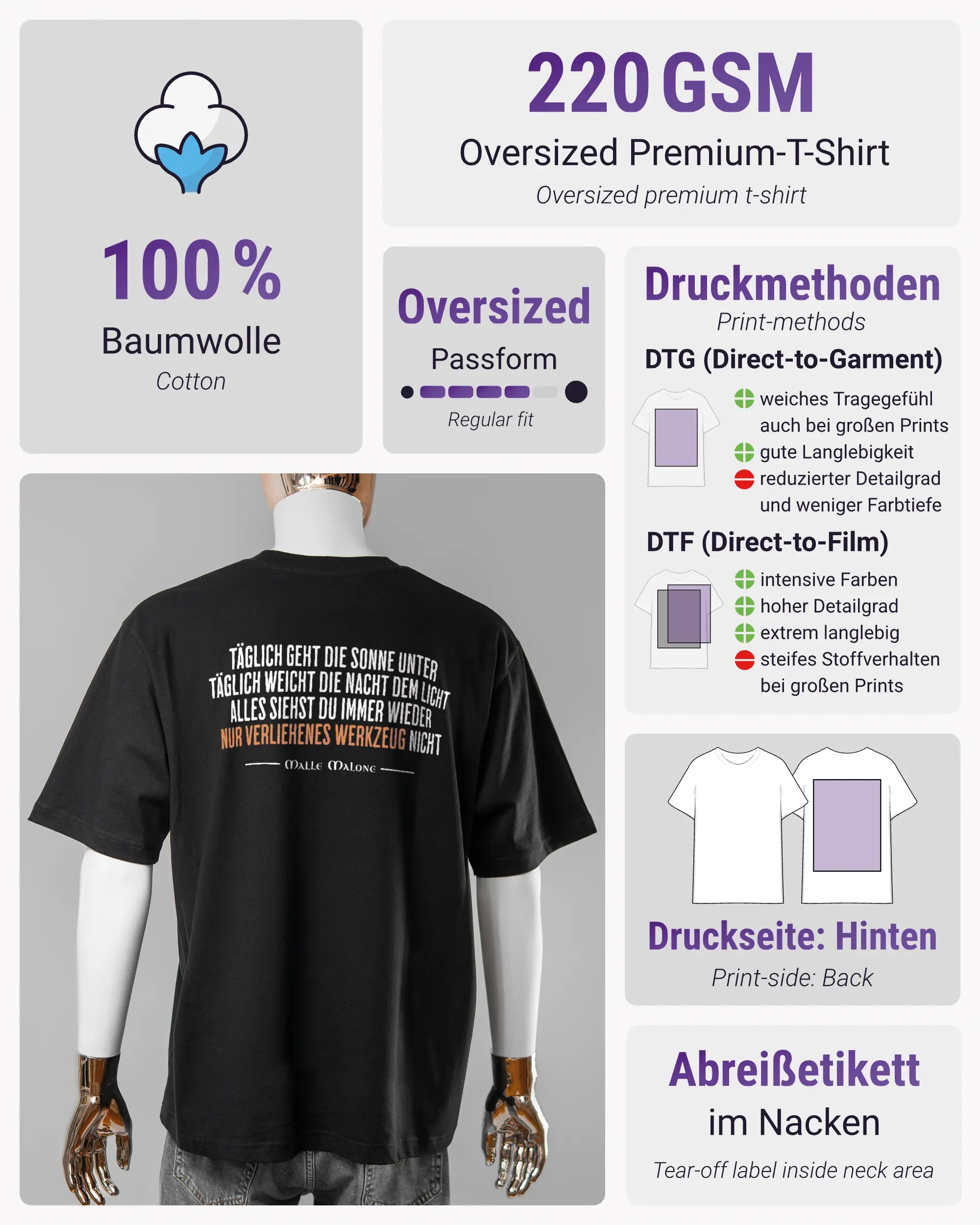 Produktinformationsblatt des Basic Unisex T-Shirt Oversized von Maondo mit dem Design Wegzeug hinten in der Farbe Black und in der Größe L