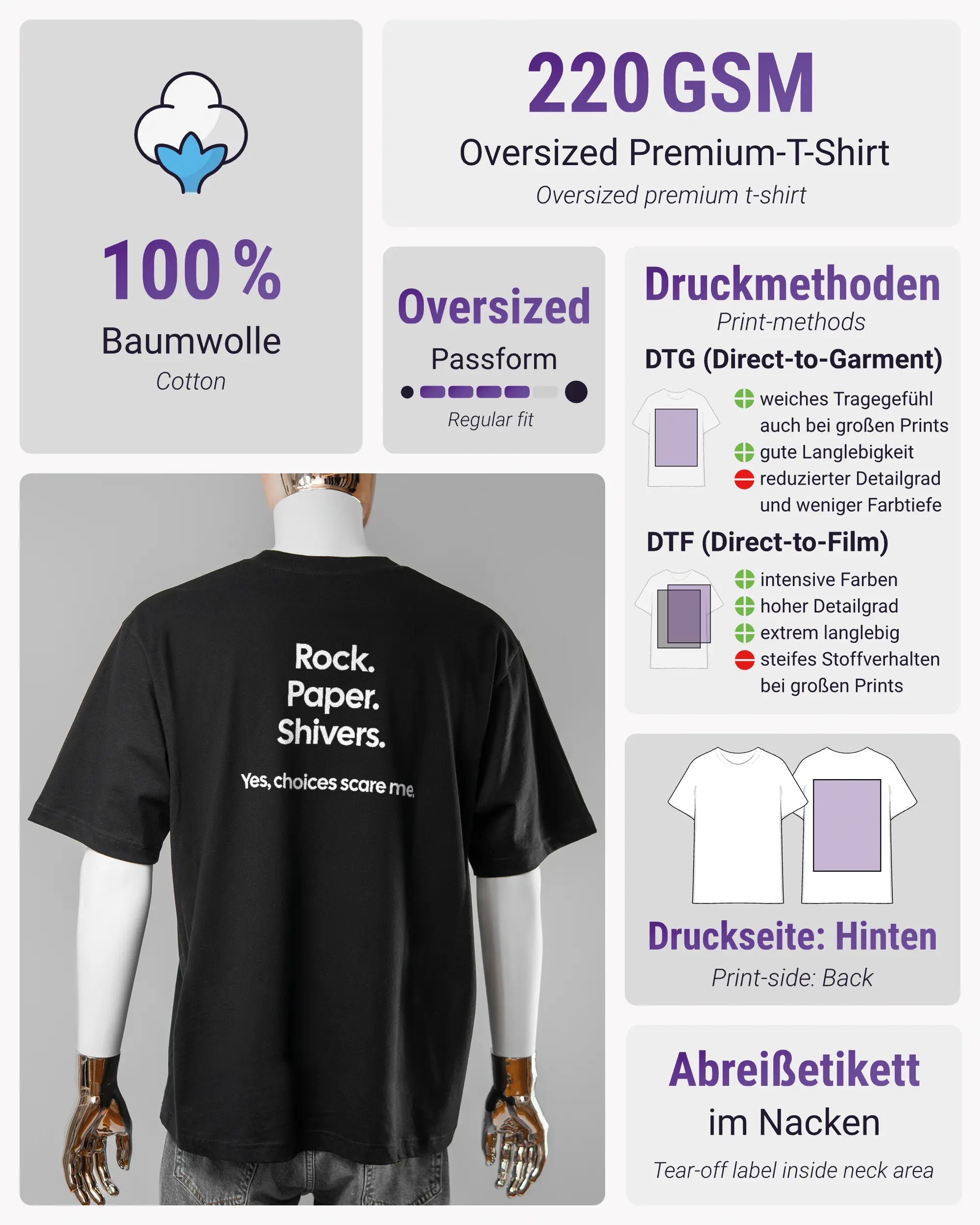 Produktinformationsblatt des Basic Unisex T-Shirt Oversized von Maondo mit dem Design Rock Paper Shivers hinten in der Farbe Black und in der Größe L