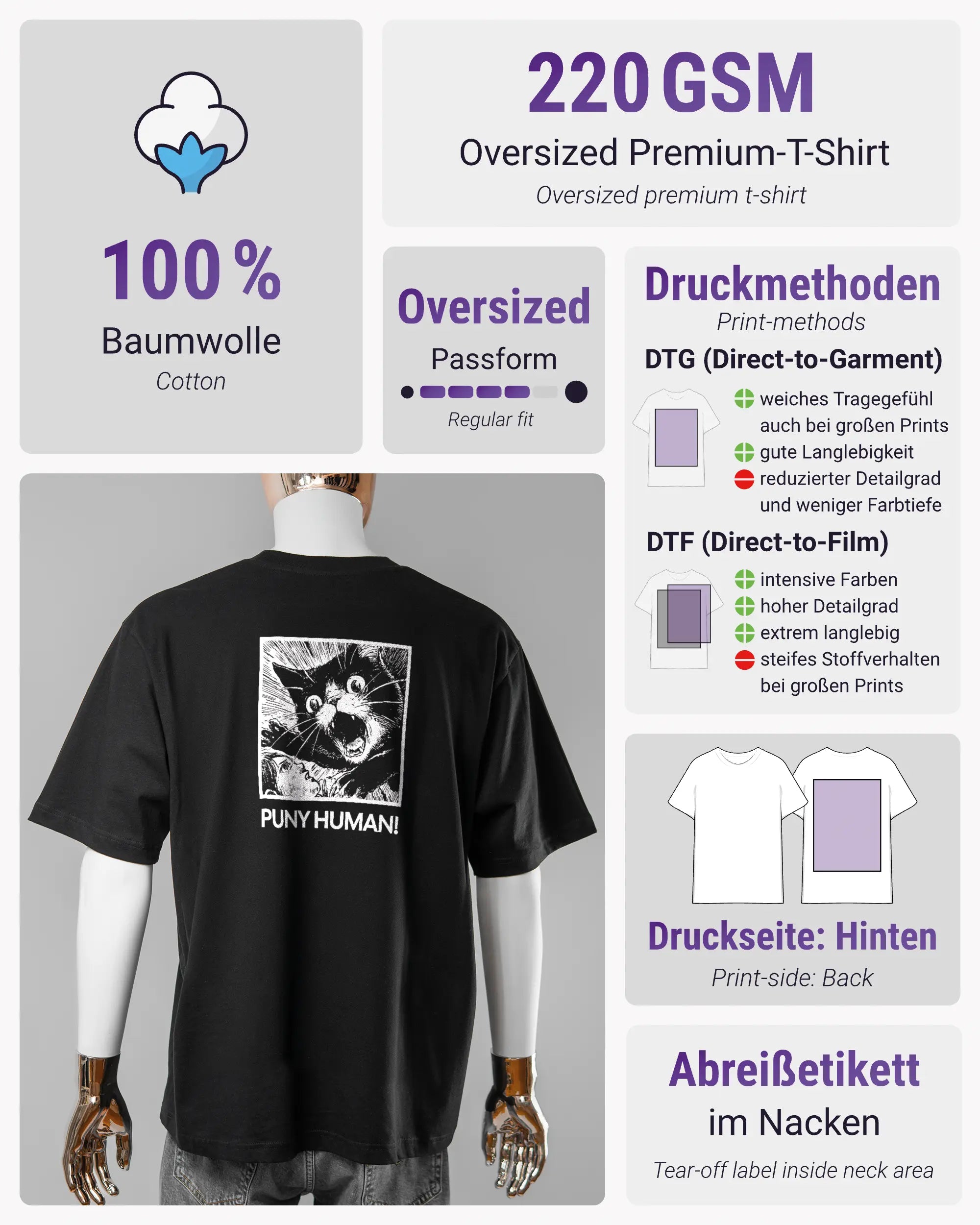 Produktinformationsblatt des Basic Unisex T-Shirt Oversized von Maondo mit dem Design Puny Human hinten in der Farbe Black und in der Größe L
