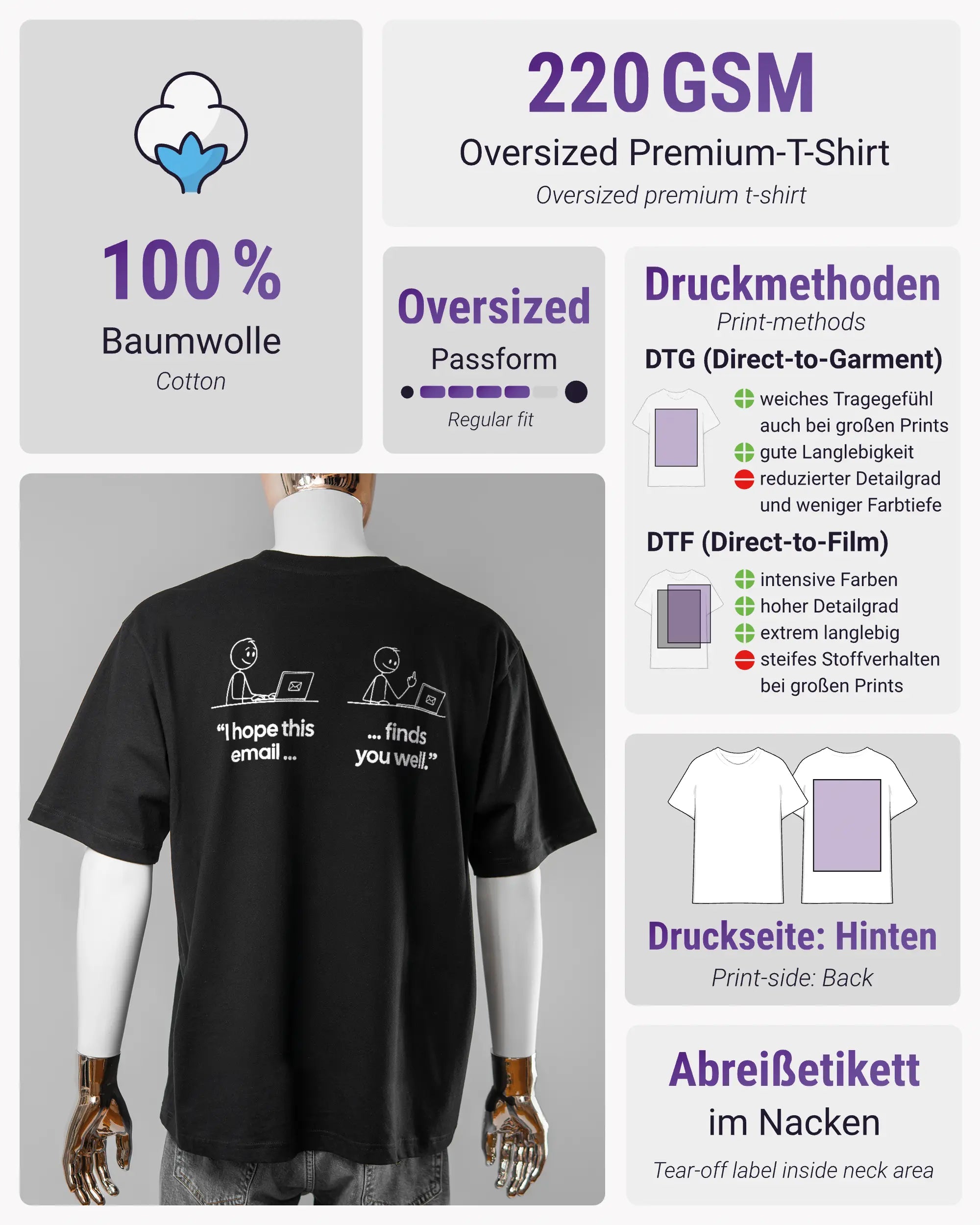 Produktinformationsblatt des Basic Unisex T-Shirt Oversized von Maondo mit dem Design Found me not well hinten in der Farbe Black und in der Größe L