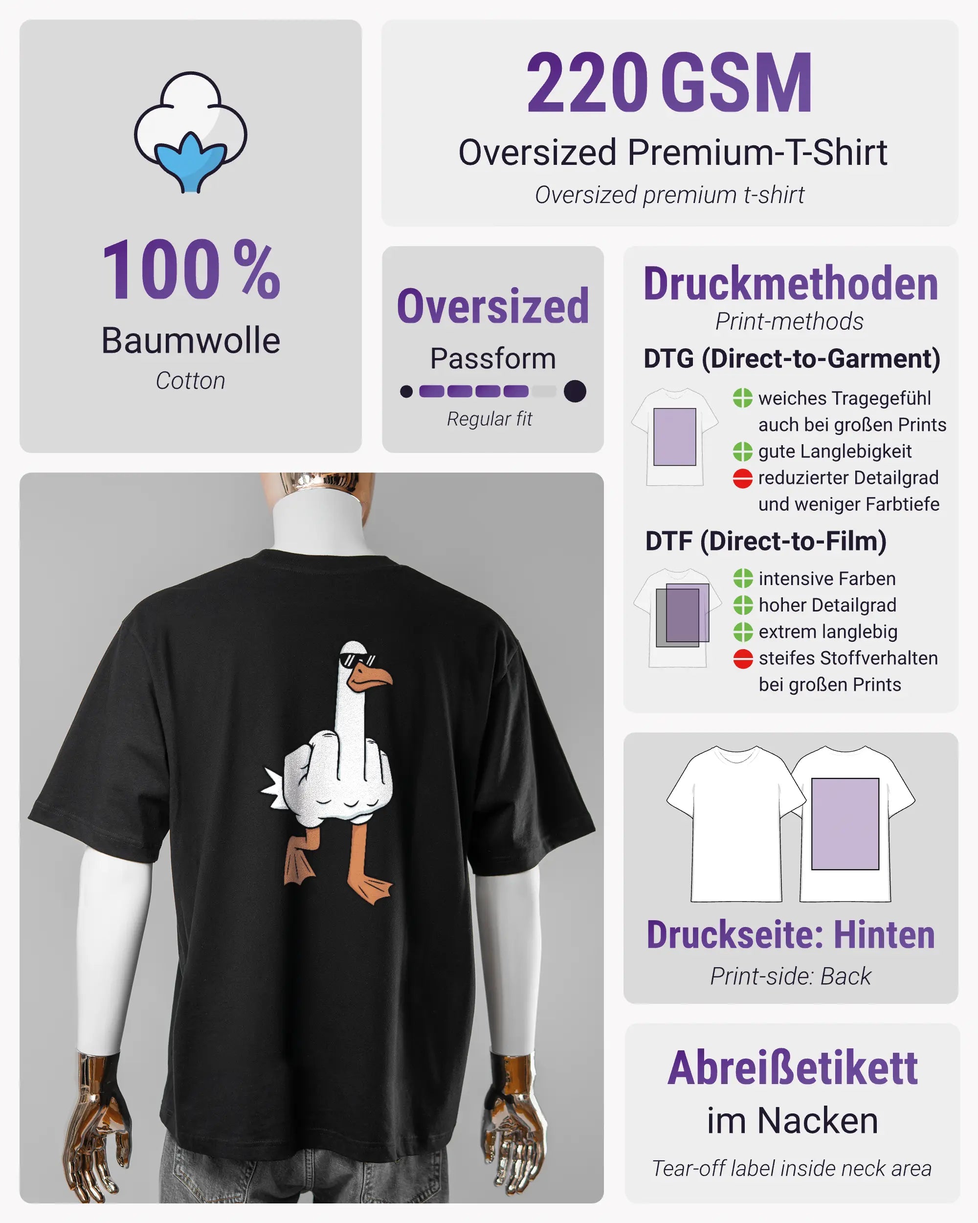Produktinformationsblatt des Basic Unisex T-Shirt Oversized von Maondo mit dem Design I give a duck hinten in der Farbe Black und in der Größe L