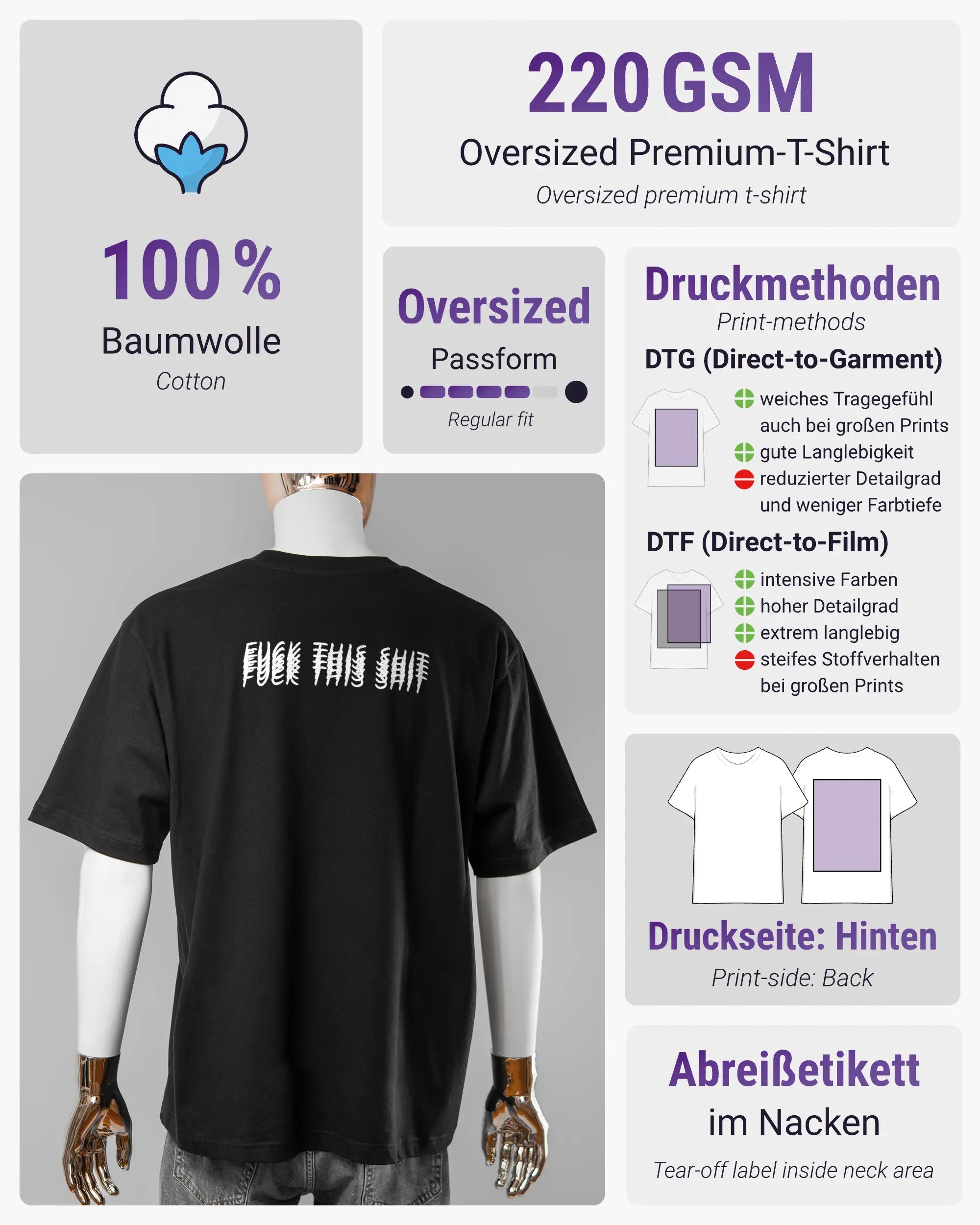 Produktinformationsblatt des Basic Unisex T-Shirt Oversized von Maondo mit dem Design Hidden Message hinten in der Farbe Black und in der Größe L
