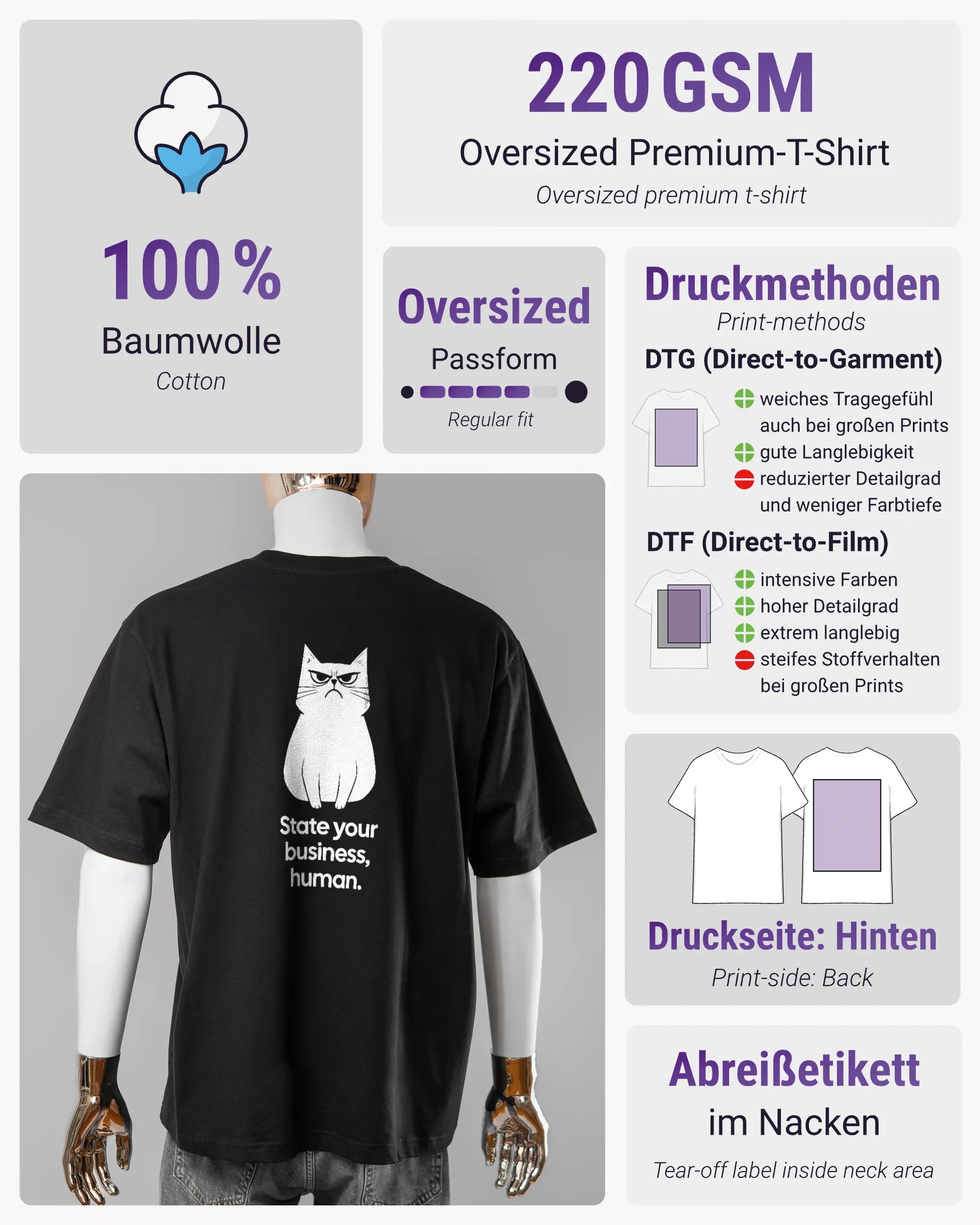 Produktinformationsblatt des Basic Unisex T-Shirt Oversized von Maondo mit dem Design Grumpy Purr hinten in der Farbe Black und in der Größe L