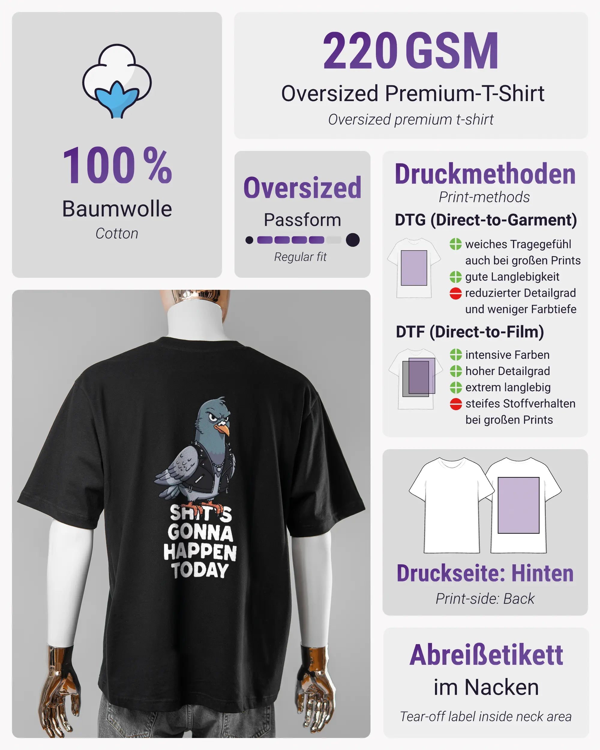Produktinformationsblatt des Basic Unisex T-Shirt Oversized von Maondo mit dem Design Pigeon Pun hinten in der Farbe Black und in der Größe L