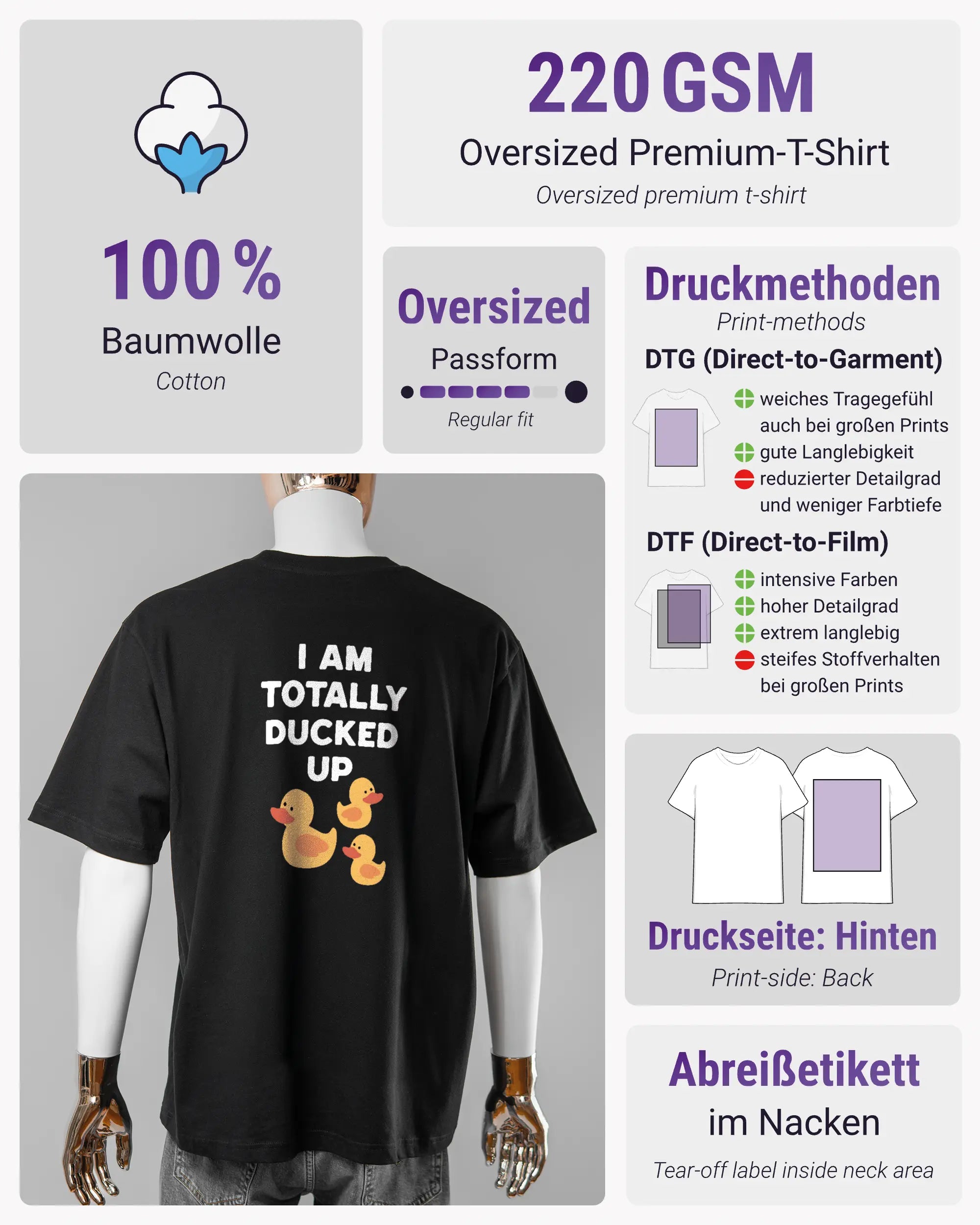 Produktinformationsblatt des Basic Unisex T-Shirt Oversized von Maondo mit dem Design Ducked Up hinten in der Farbe Black und in der Größe L