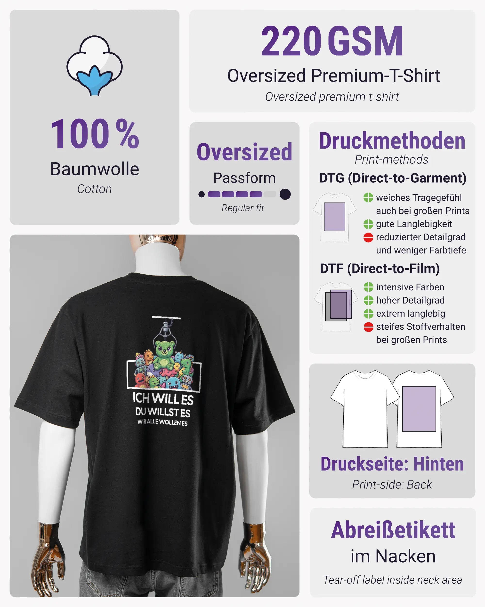 Produktinformationsblatt des Basic Unisex T-Shirt Oversized von Maondo mit dem Design Will Stofftier hinten in der Farbe Black und in der Größe L