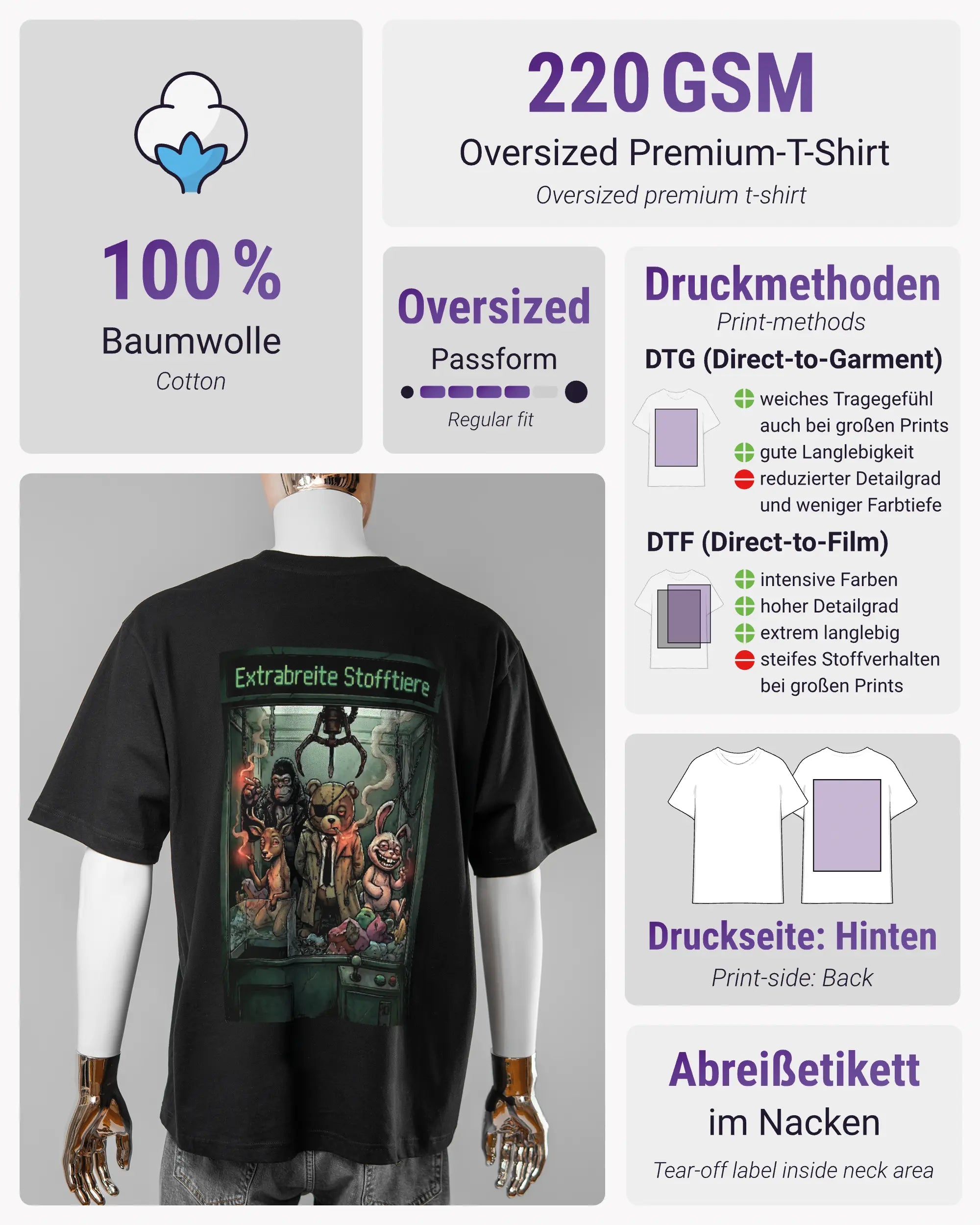 Produktinformationsblatt des Basic Unisex T-Shirt Oversized von Maondo mit dem Design Extrabreit hinten in der Farbe Black und in der Größe L