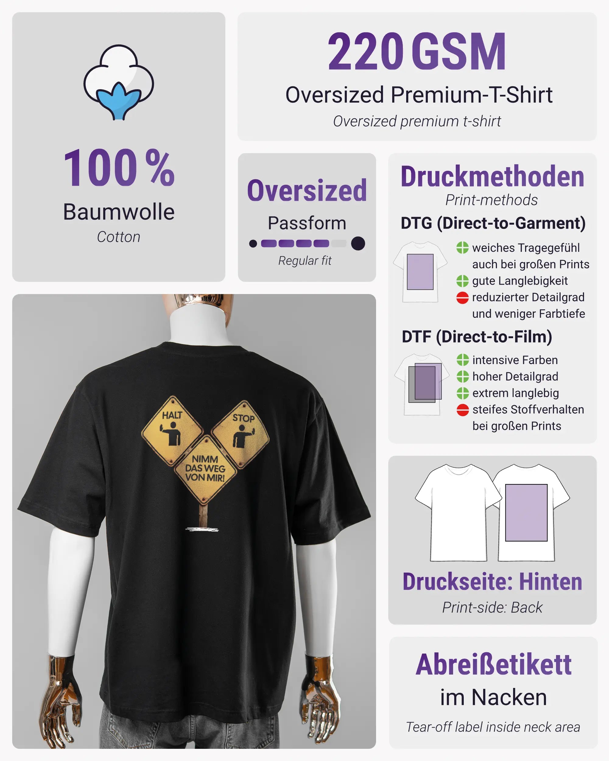 Produktinformationsblatt des Basic Unisex T-Shirt Oversized von Maondo mit dem Design Schutzschild hinten in der Farbe Black und in der Größe L