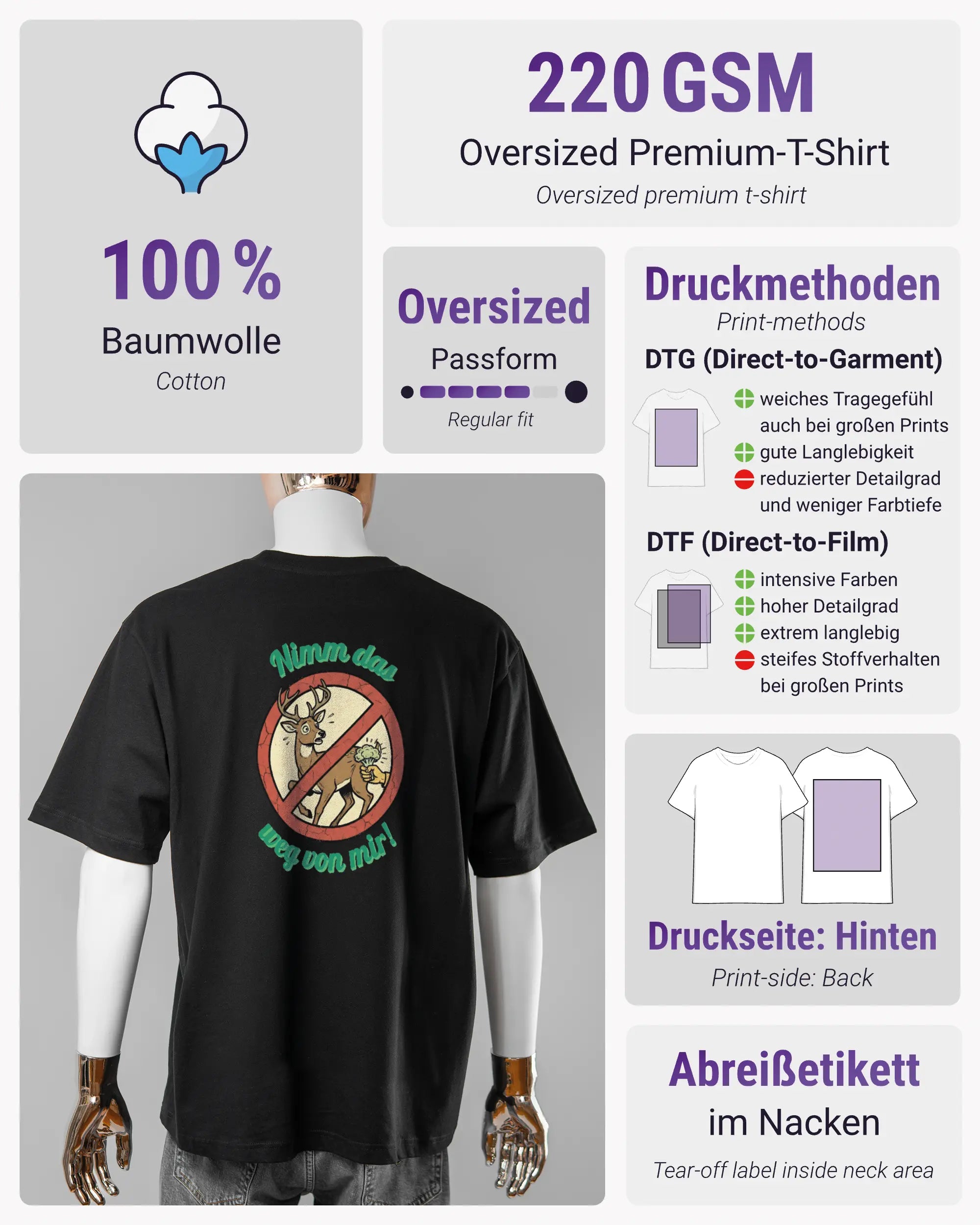 Produktinformationsblatt des Basic Unisex T-Shirt Oversized von Maondo mit dem Design Reh weg hinten in der Farbe Black und in der Größe L