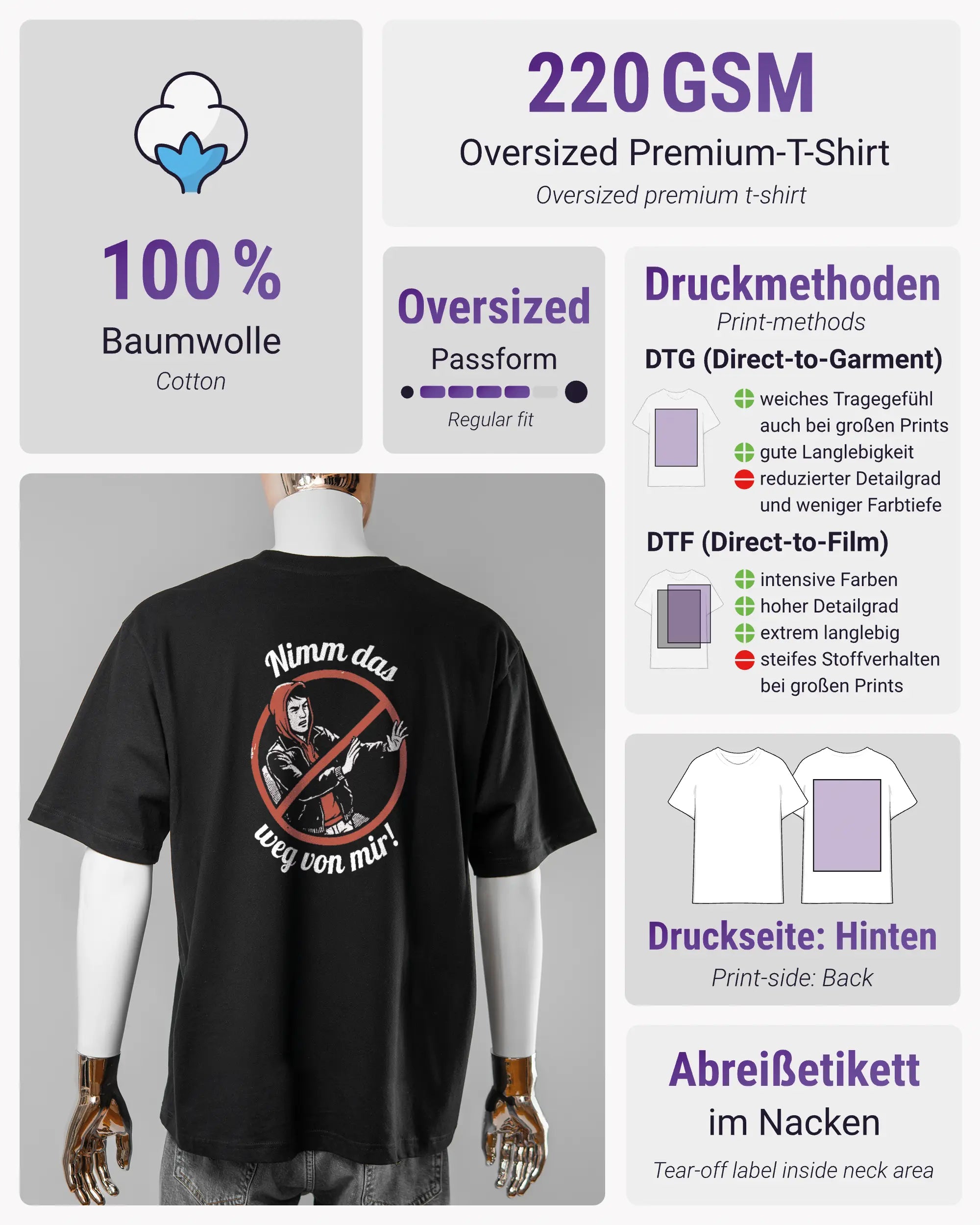 Produktinformationsblatt des Basic Unisex T-Shirt Oversized von Maondo mit dem Design Nimm das weg hinten in der Farbe Black und in der Größe L