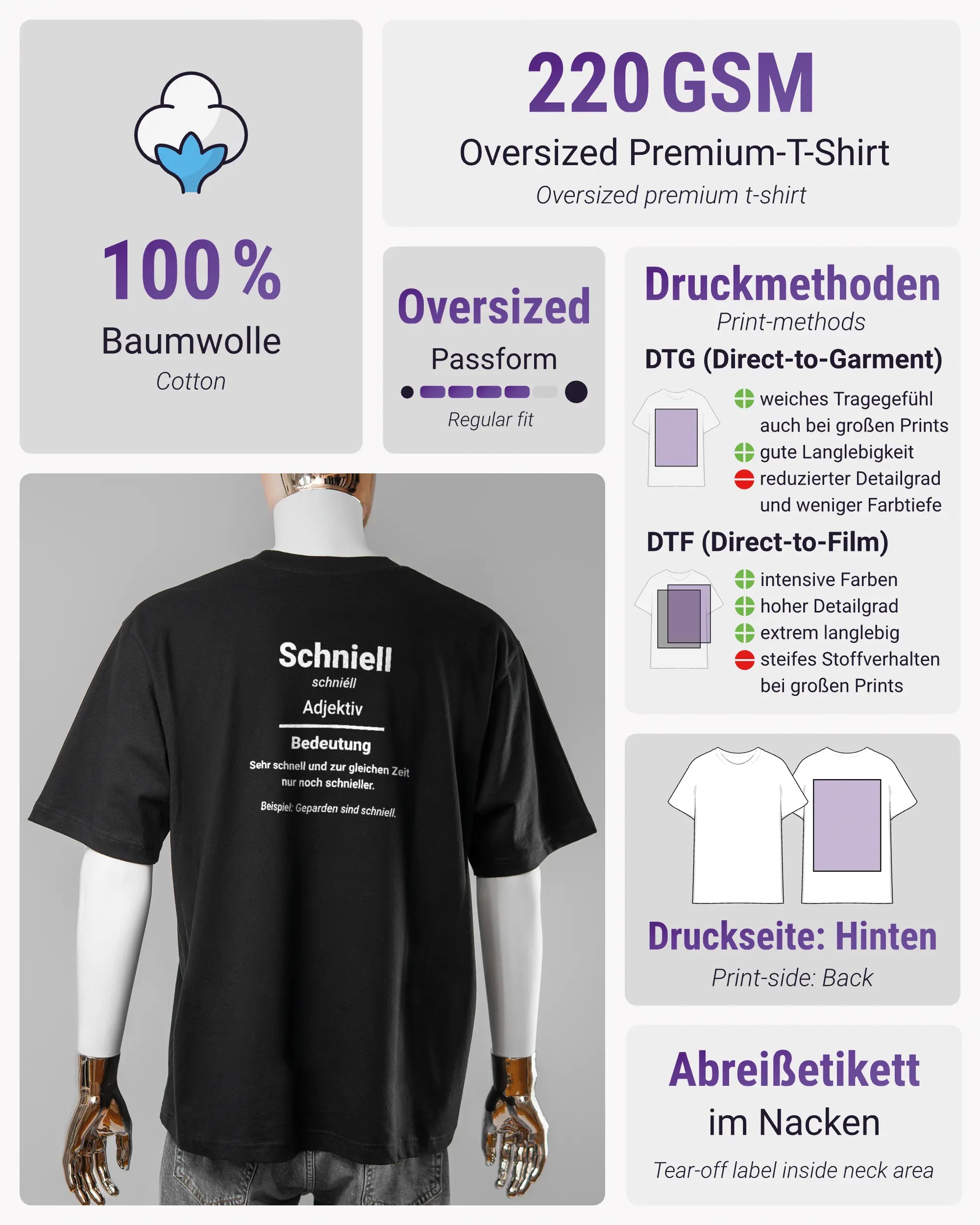 Produktinformationsblatt des Basic Unisex T-Shirt Oversized von Maondo mit dem Design Schniell hinten in der Farbe Black und in der Größe L