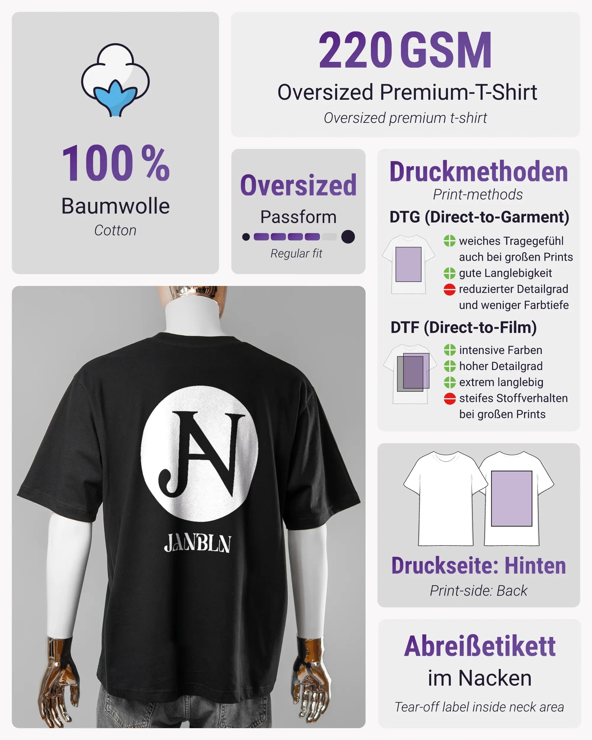 Produktinformationsblatt des Basic Unisex T-Shirt Oversized von Maondo mit dem Design JB1 hinten in der Farbe Black und in der Größe L