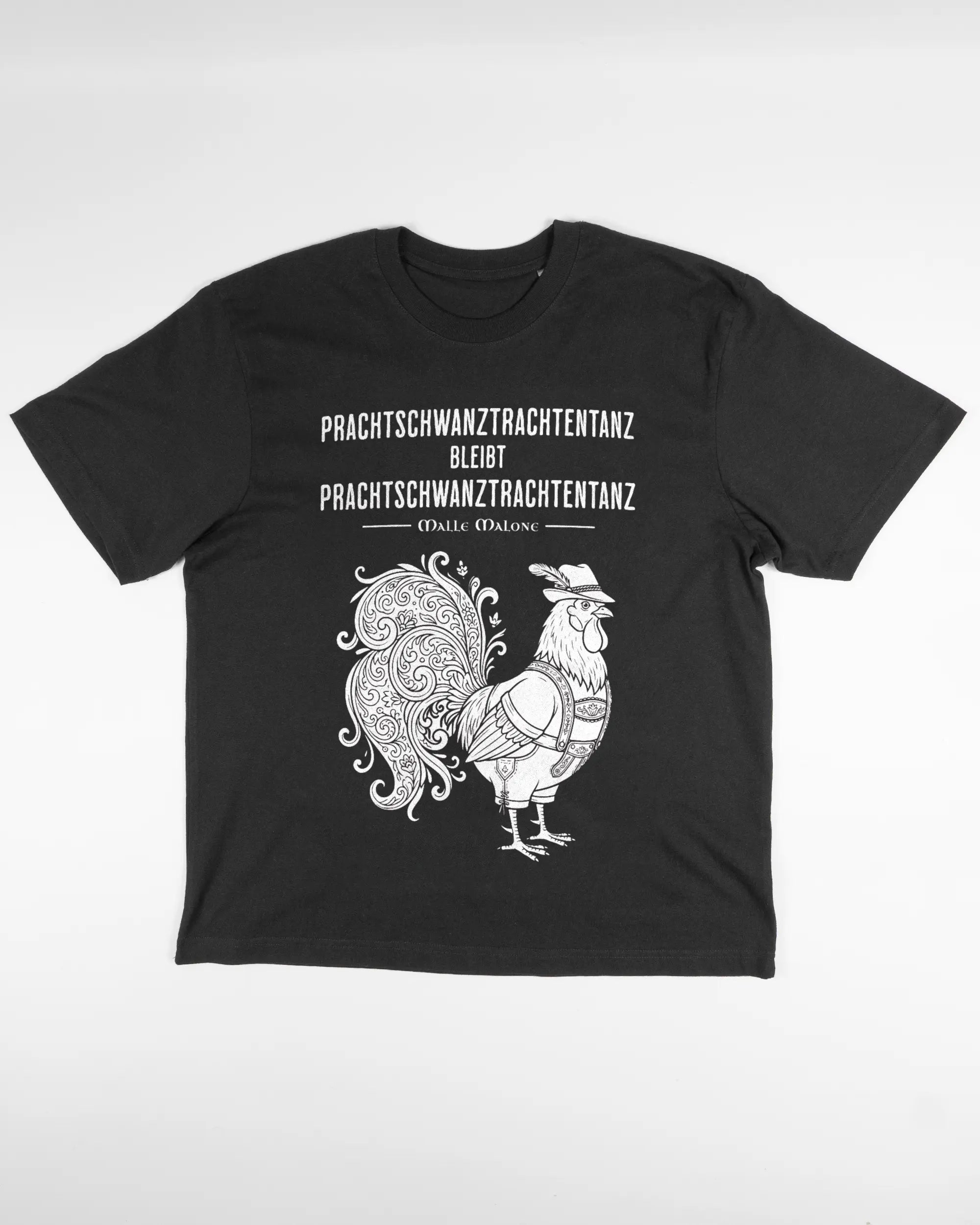 Vorderseite des Basic Unisex T-Shirt Oversized von Maondo mit dem Design Trachtentanz in der Farbe Black und in der Größe S flach auf den Boden gelegt