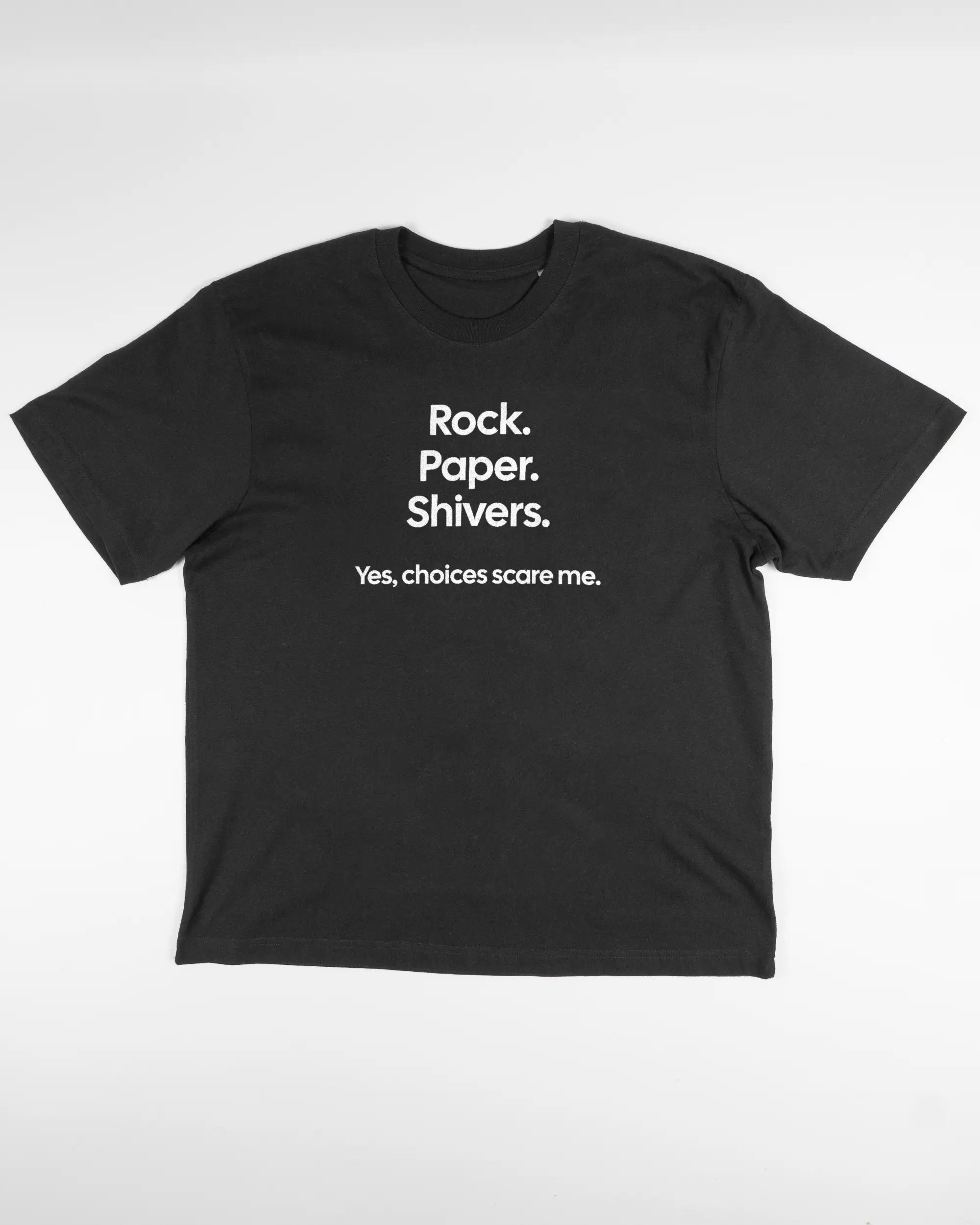 Vorderseite des Basic Unisex T-Shirt Oversized von Maondo mit dem Design Rock Paper Shivers in der Farbe Black und in der Größe S flach auf den Boden gelegt