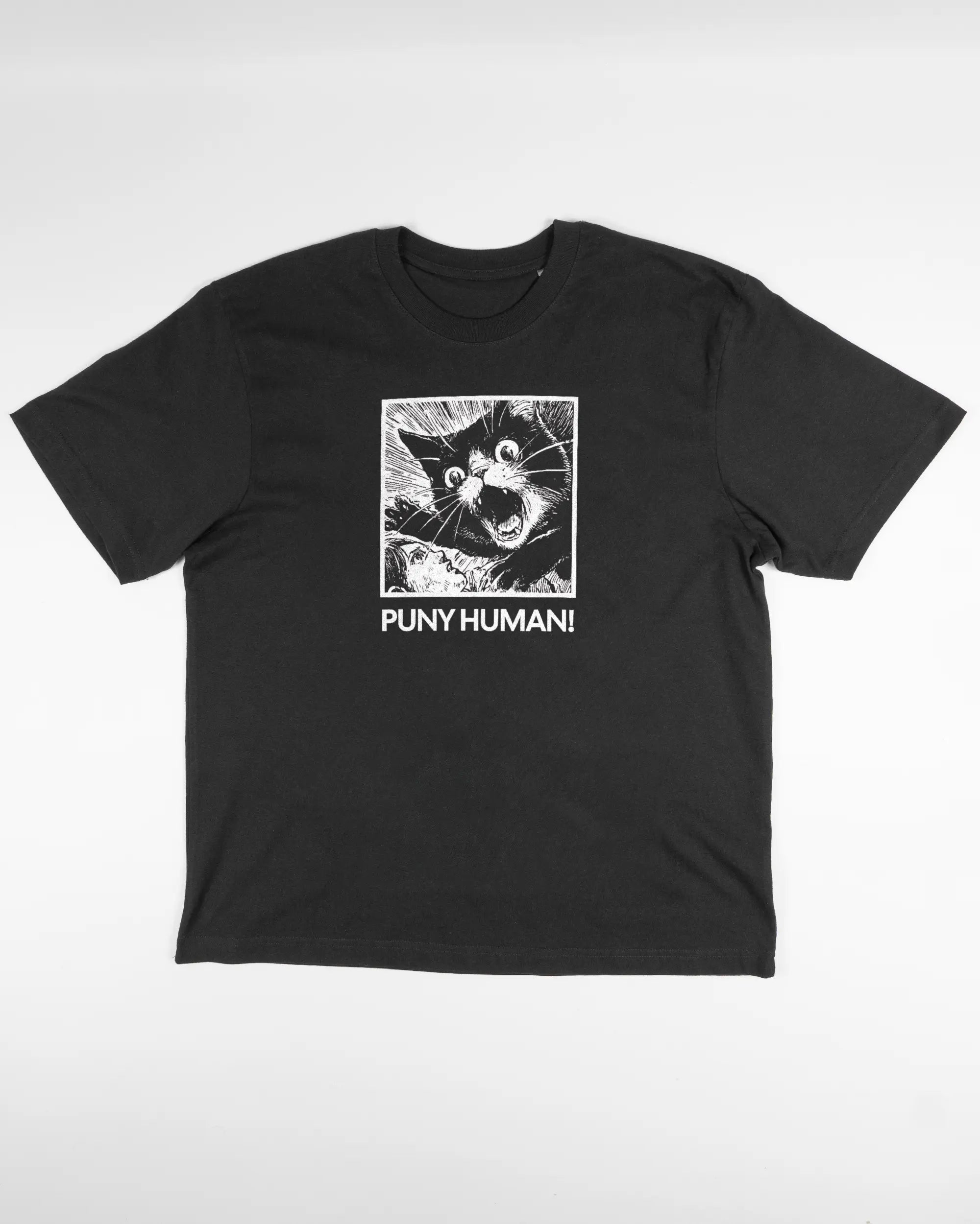 Vorderseite des Basic Unisex T-Shirt Oversized von Maondo mit dem Design Puny Human in der Farbe Black und in der Größe S flach auf den Boden gelegt