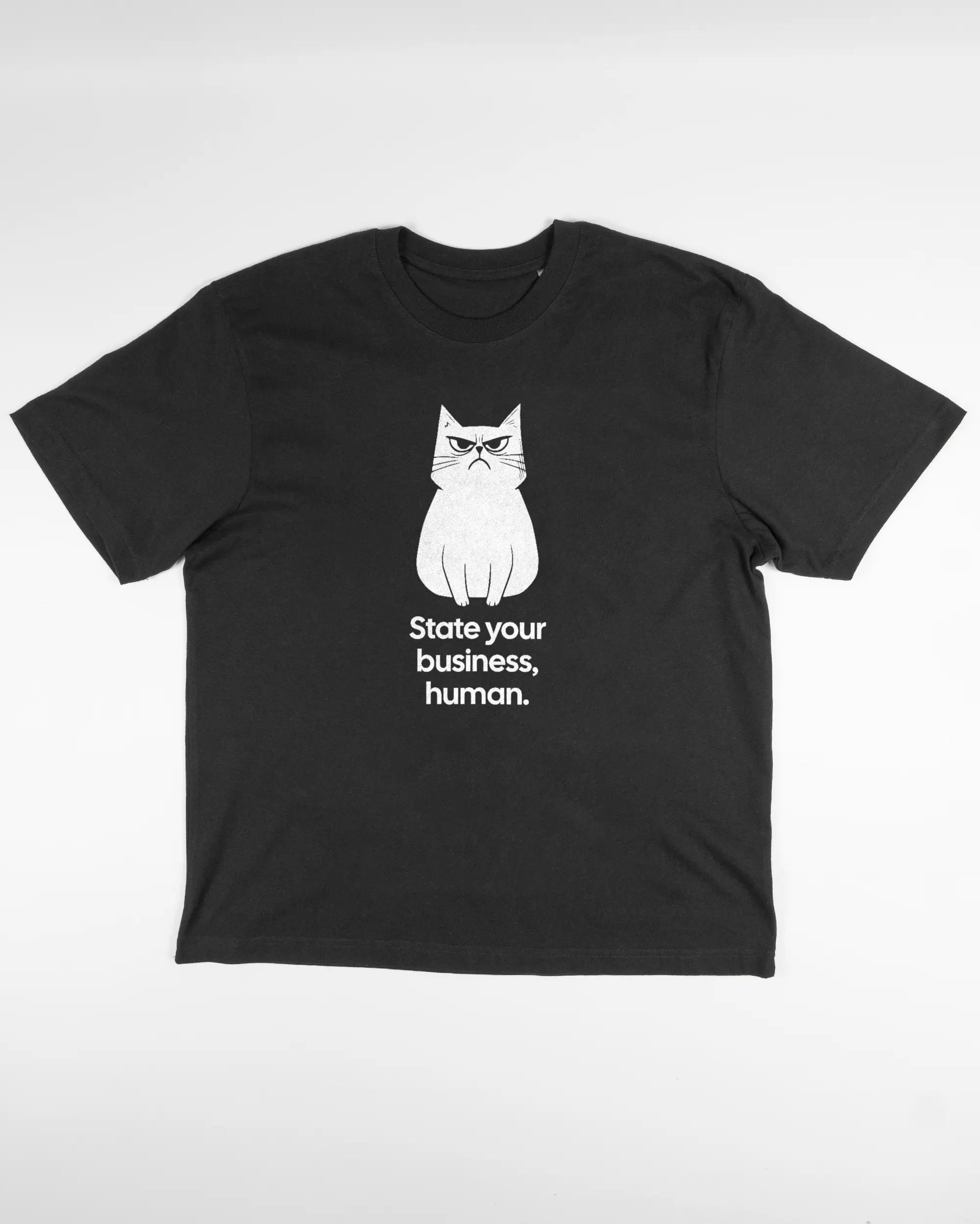 Vorderseite des Basic Unisex T-Shirt Oversized von Maondo mit dem Design Grumpy Purr in der Farbe Black und in der Größe S flach auf den Boden gelegt