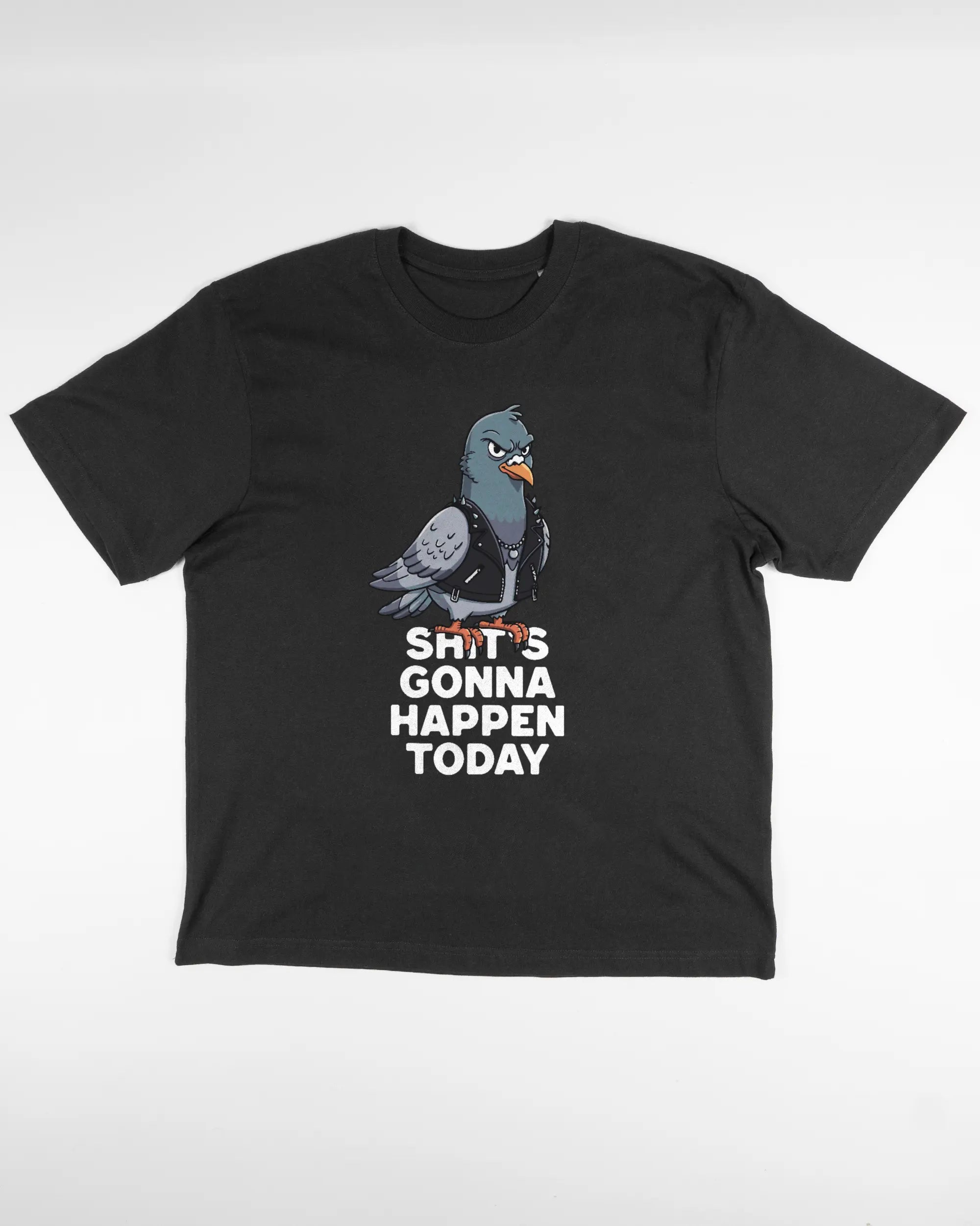 Vorderseite des Basic Unisex T-Shirt Oversized von Maondo mit dem Design Pigeon Pun in der Farbe Black und in der Größe S flach auf den Boden gelegt