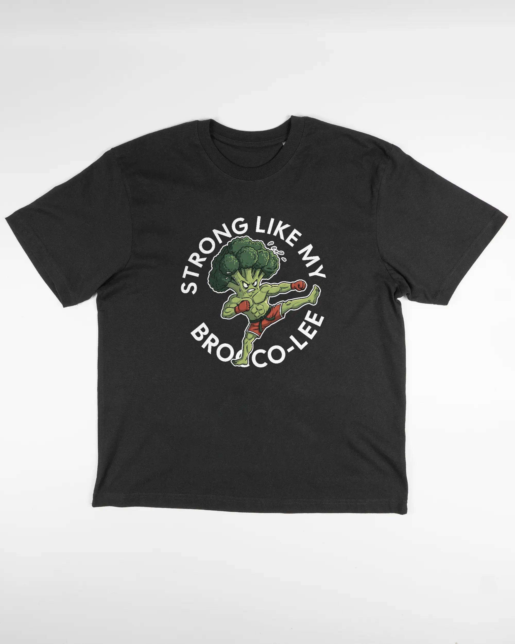 Vorderseite des Basic Unisex T-Shirt Oversized von Maondo mit dem Design Brocco-Lee in der Farbe Black und in der Größe S flach auf den Boden gelegt