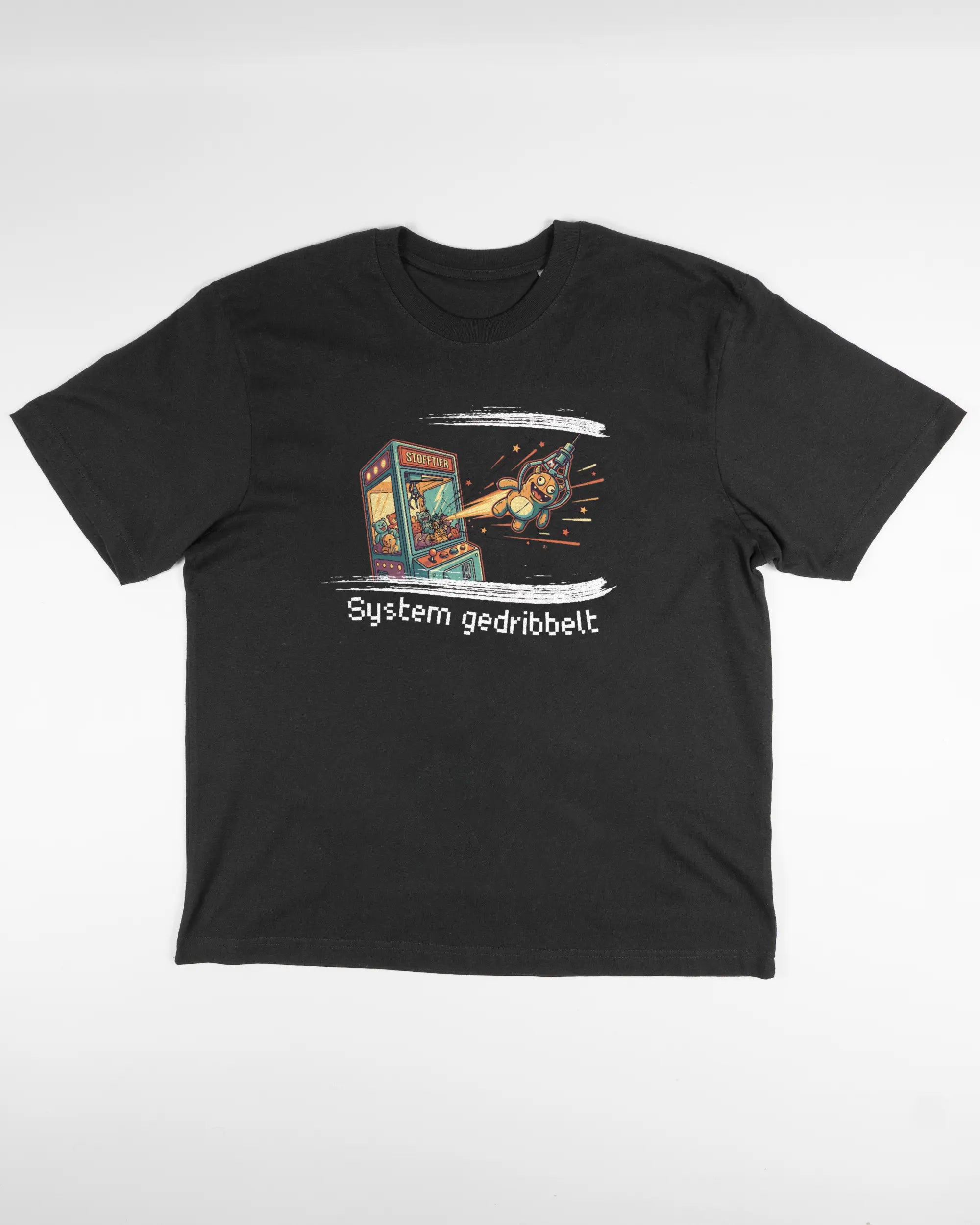 Vorderseite des Basic Unisex T-Shirt Oversized von Maondo mit dem Design System gedribbelt in der Farbe Black und in der Größe S flach auf den Boden gelegt