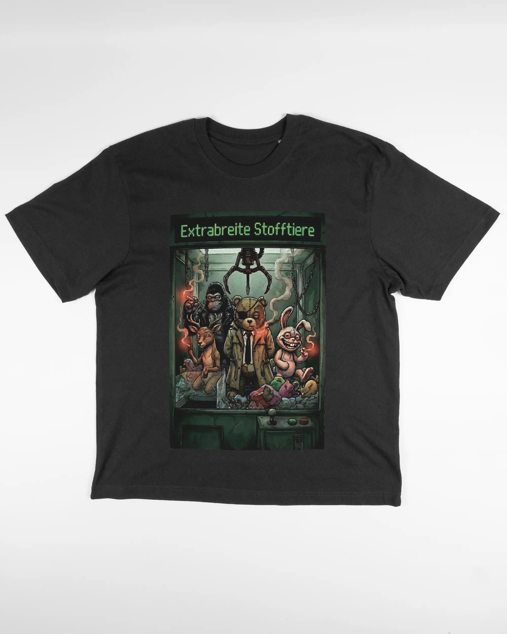 Vorderseite des Basic Unisex T-Shirt Oversized von Maondo mit dem Design Extrabreit in der Farbe Black und in der Größe S flach auf den Boden gelegt