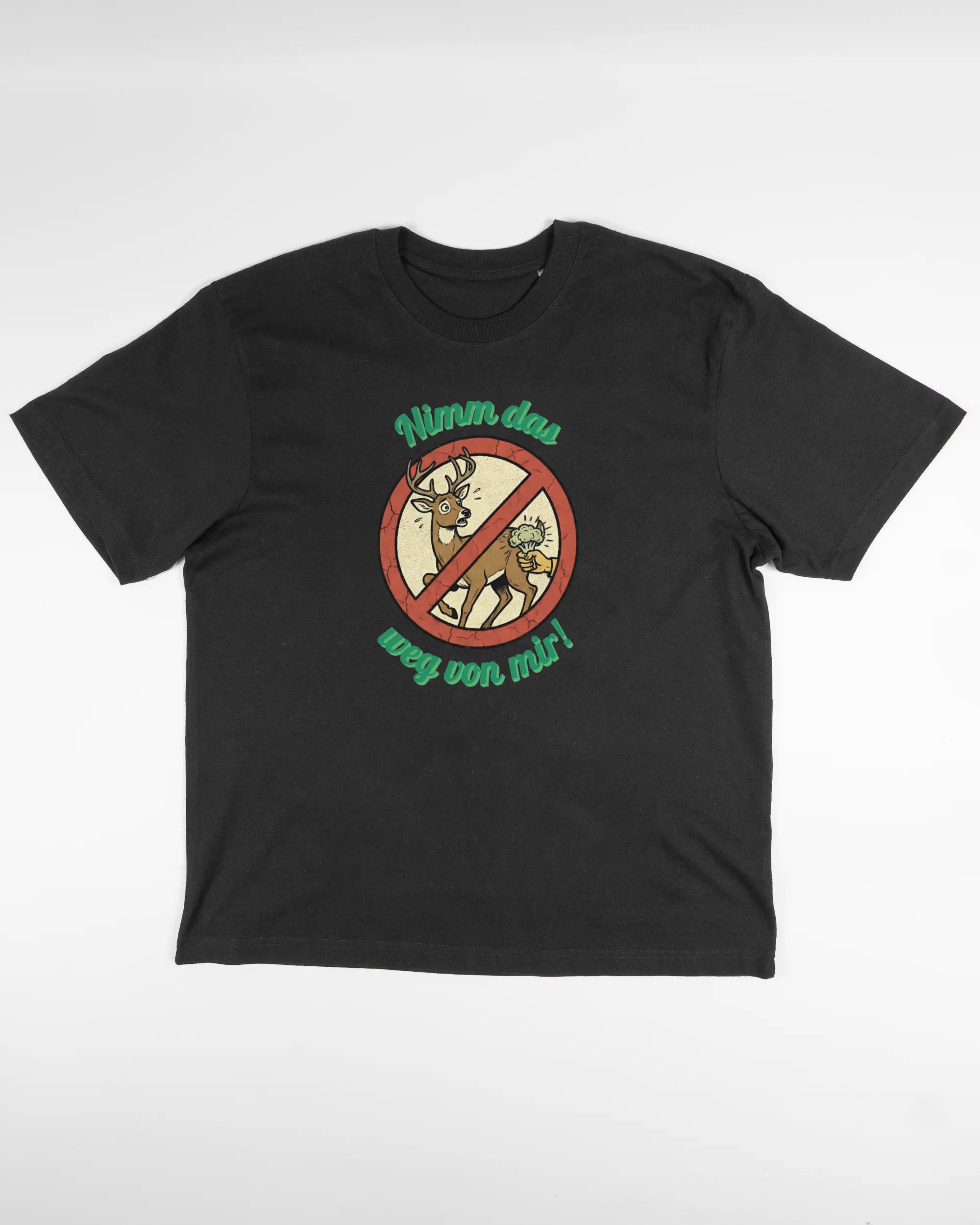 Vorderseite des Basic Unisex T-Shirt Oversized von Maondo mit dem Design Reh weg in der Farbe Black und in der Größe S flach auf den Boden gelegt