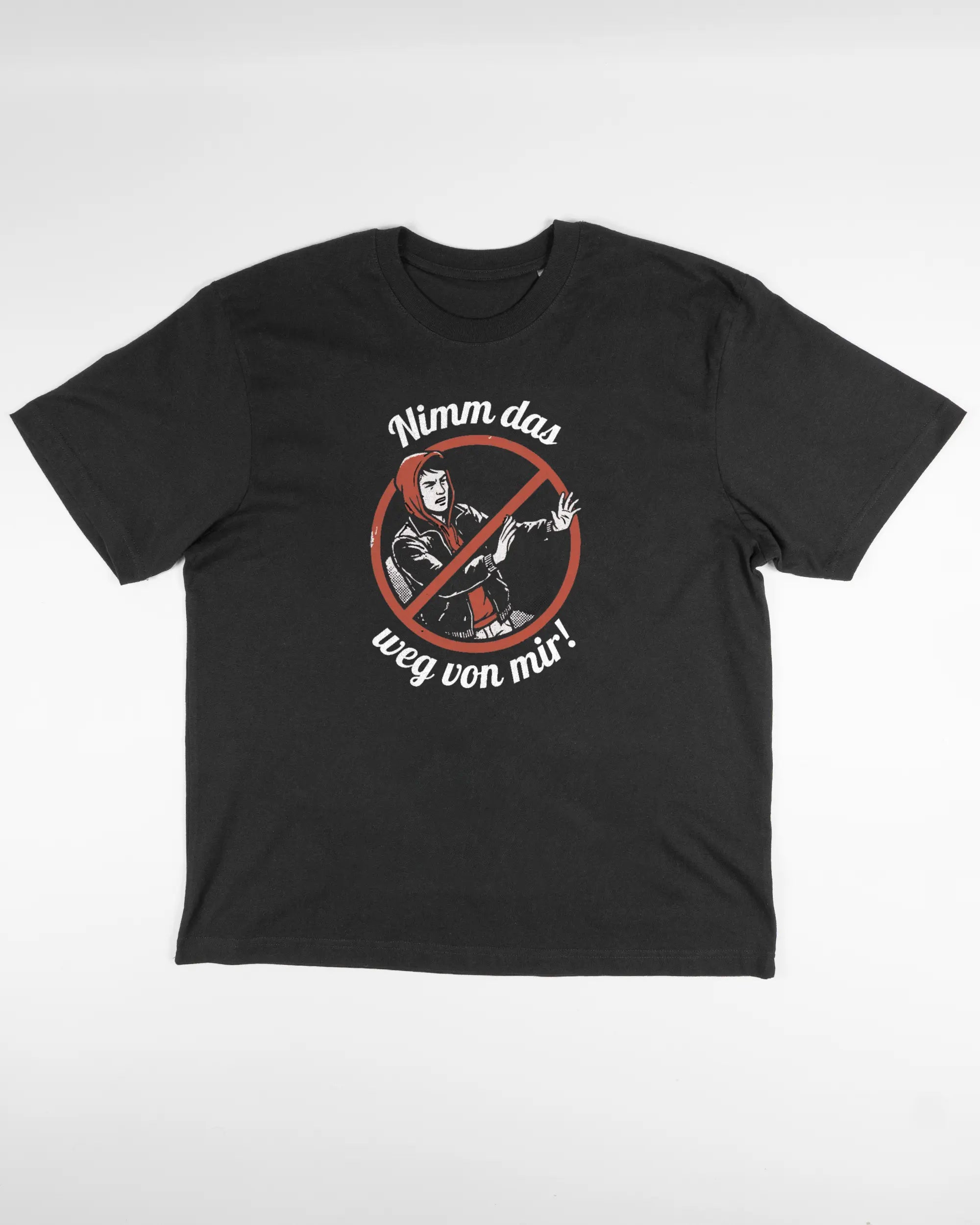 Vorderseite des Basic Unisex T-Shirt Oversized von Maondo mit dem Design Nimm das weg in der Farbe Black und in der Größe S flach auf den Boden gelegt