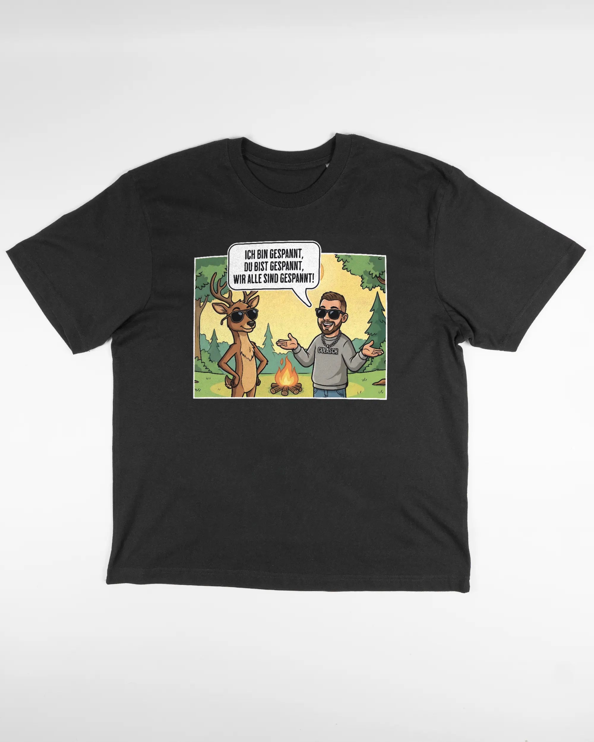 Vorderseite des Basic Unisex T-Shirt Oversized von Maondo mit dem Design Vollspannung in der Farbe Black und in der Größe S flach auf den Boden gelegt