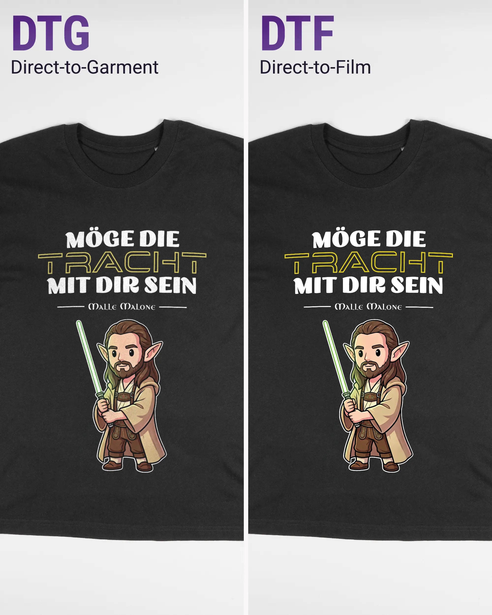 Vergleich der Vorderseiten des Basic Unisex T-Shirt Oversized von Maondo mit dem Design Tracht mit dir in der Farbe Black und in der Größe S links mit dem Direct-to-Garment und rechts mit dem Direct-to-Film Verfahren