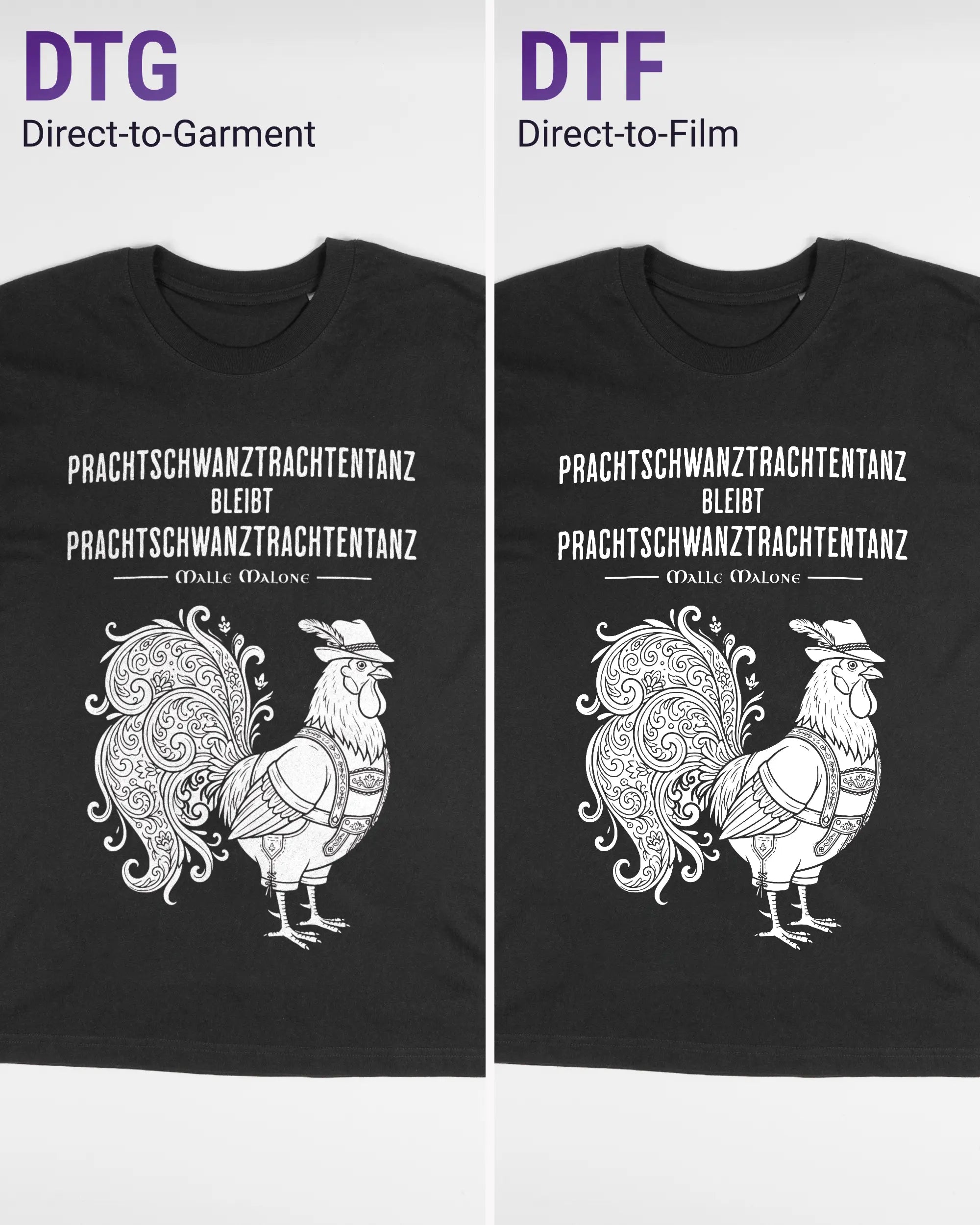 Vergleich der Vorderseiten des Basic Unisex T-Shirt Oversized von Maondo mit dem Design Trachtentanz in der Farbe Black und in der Größe S links mit dem Direct-to-Garment und rechts mit dem Direct-to-Film Verfahren