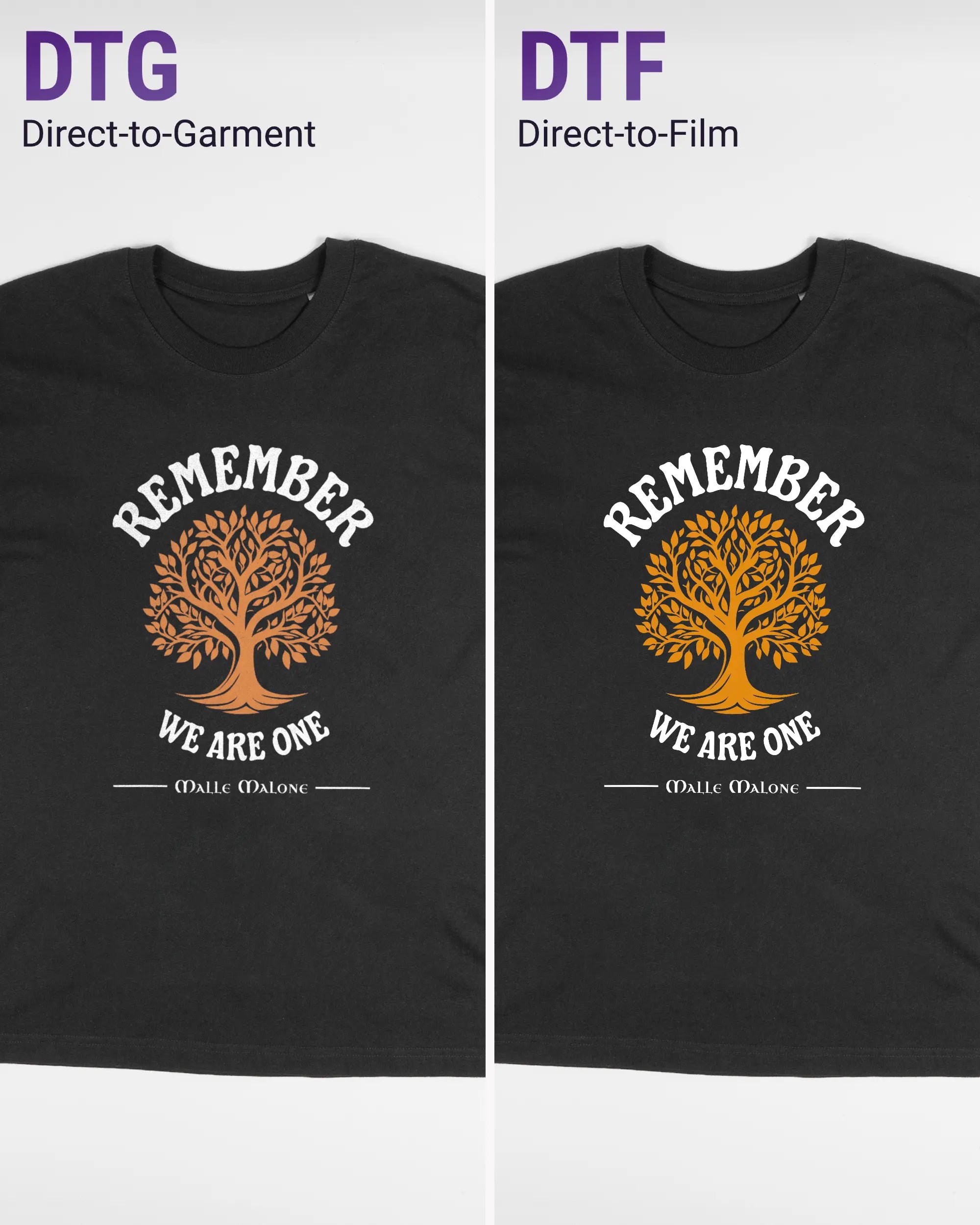 Vergleich der Vorderseiten des Basic Unisex T-Shirt Oversized von Maondo mit dem Design We are one in der Farbe Black und in der Größe S links mit dem Direct-to-Garment und rechts mit dem Direct-to-Film Verfahren