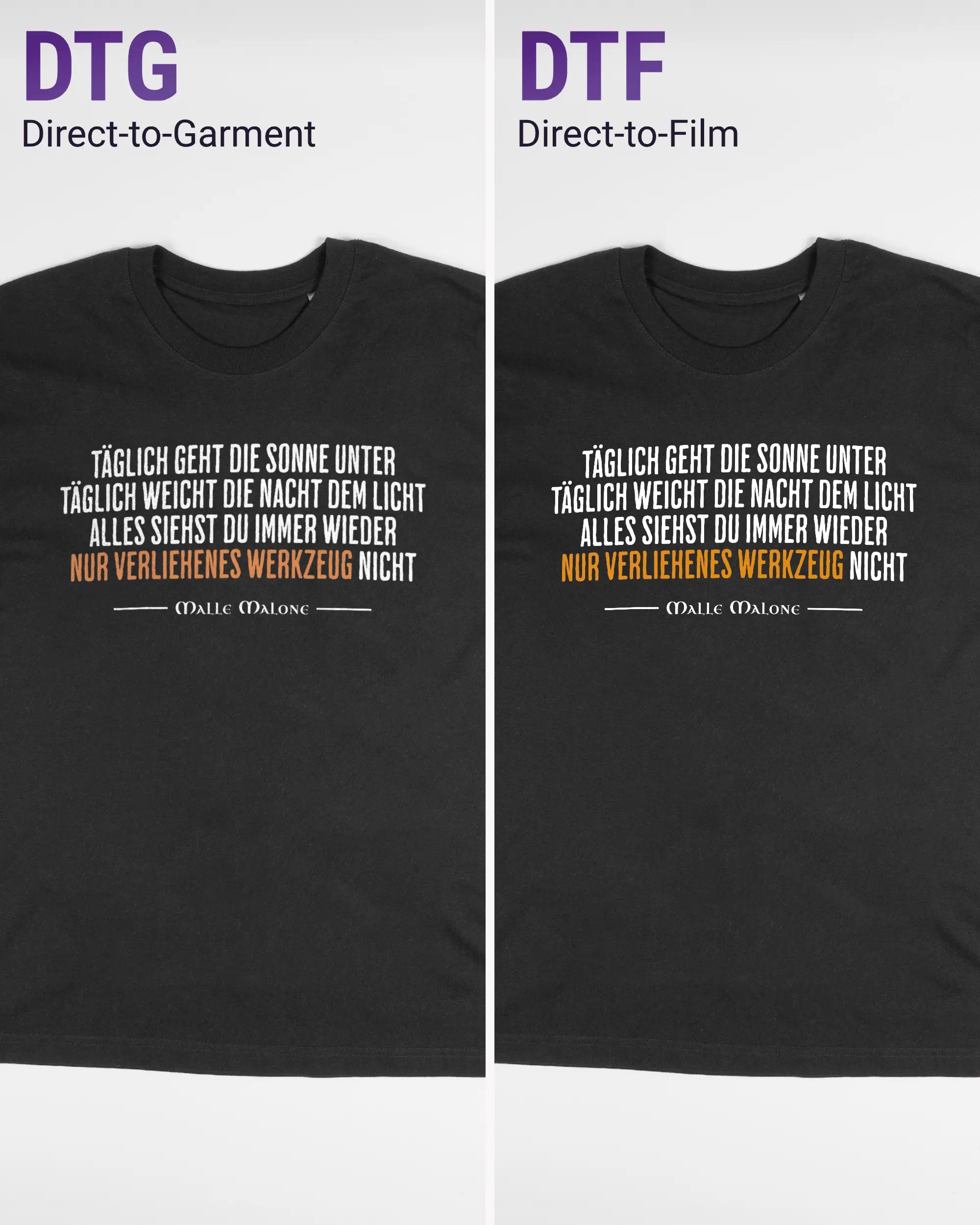 Vergleich der Vorderseiten des Basic Unisex T-Shirt Oversized von Maondo mit dem Design Wegzeug in der Farbe Black und in der Größe S links mit dem Direct-to-Garment und rechts mit dem Direct-to-Film Verfahren