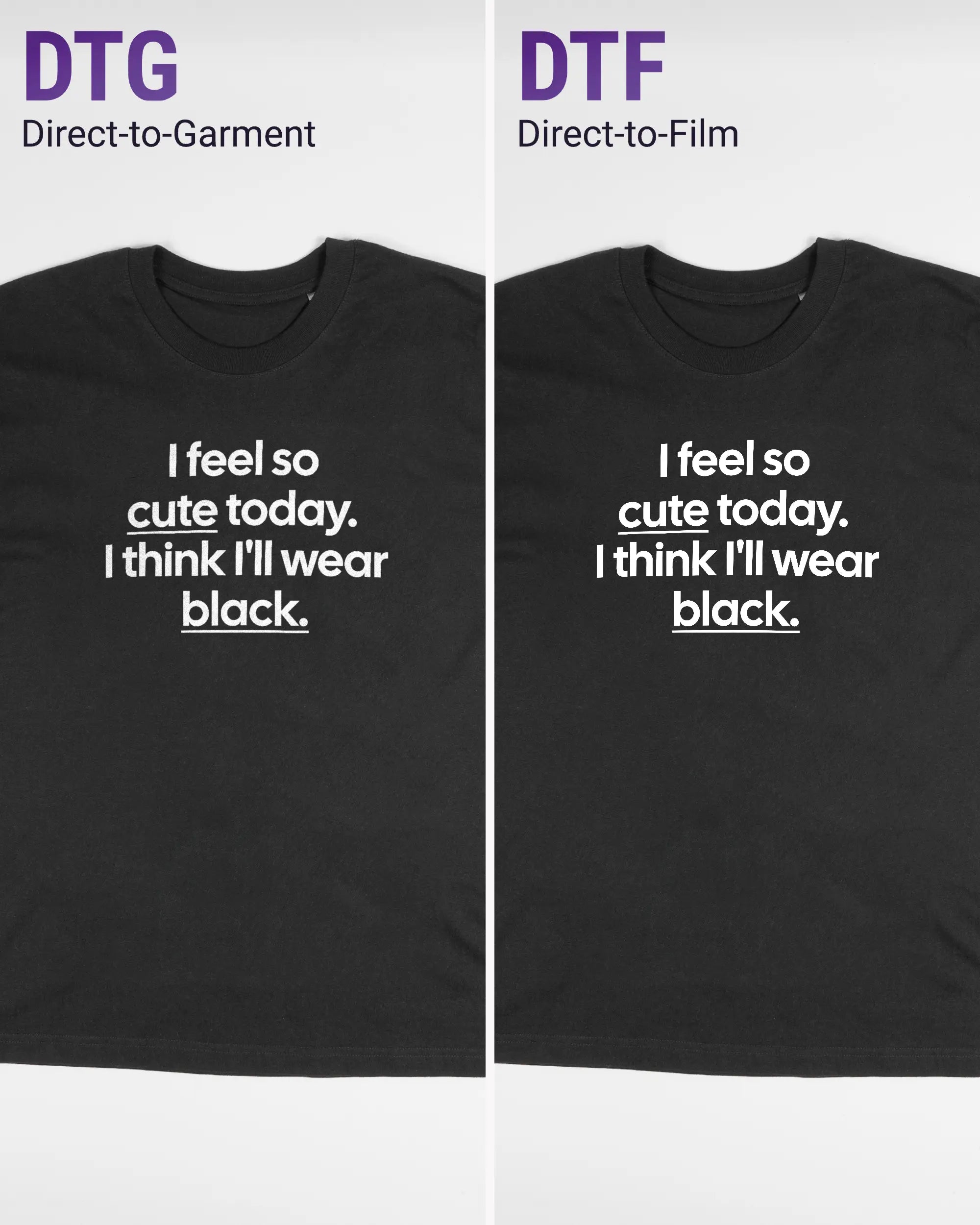 Vergleich der Vorderseiten des Basic Unisex T-Shirt Oversized von Maondo mit dem Design Colorful Day in der Farbe Black und in der Größe S links mit dem Direct-to-Garment und rechts mit dem Direct-to-Film Verfahren