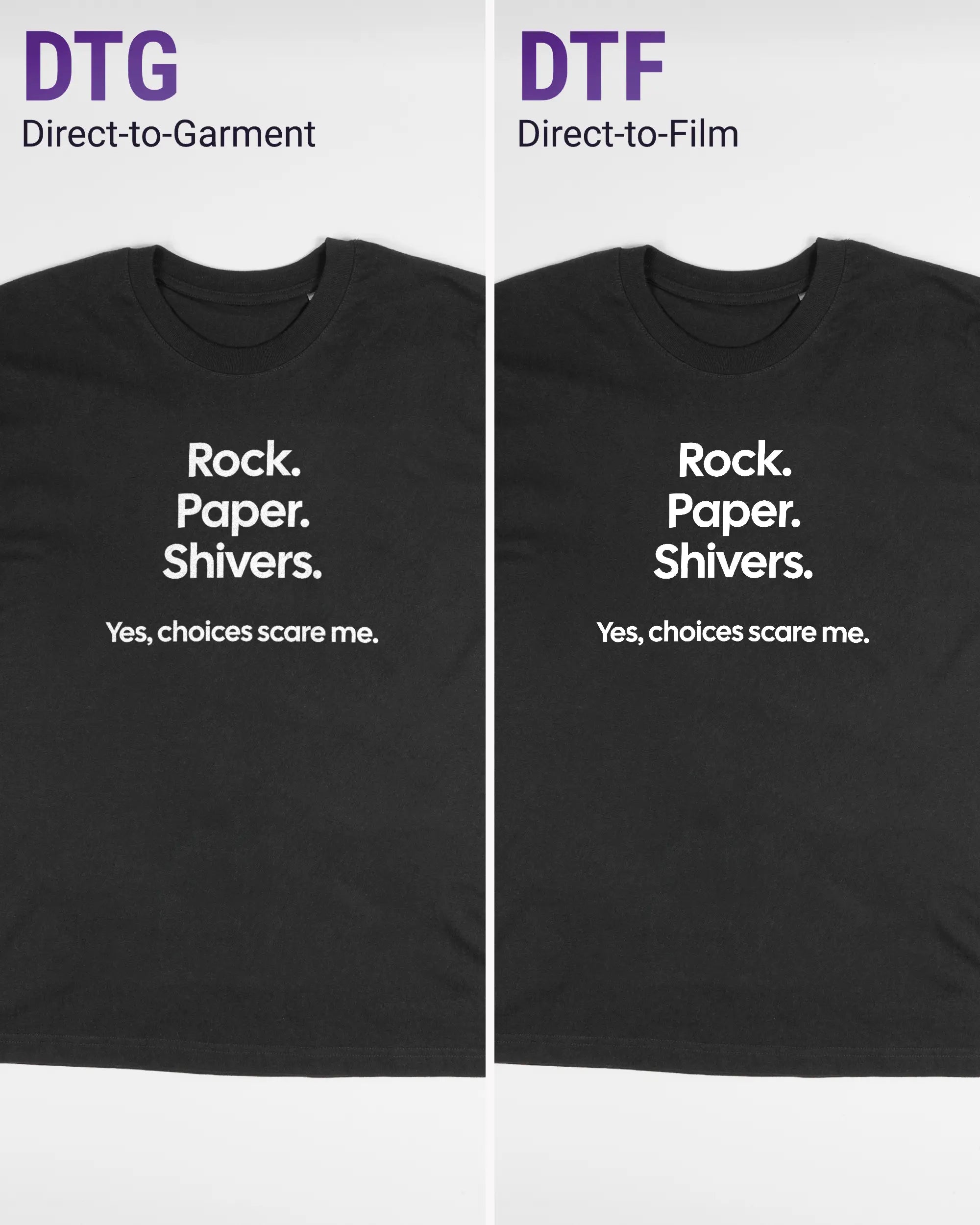 Vergleich der Vorderseiten des Basic Unisex T-Shirt Oversized von Maondo mit dem Design Rock Paper Shivers in der Farbe Black und in der Größe S links mit dem Direct-to-Garment und rechts mit dem Direct-to-Film Verfahren