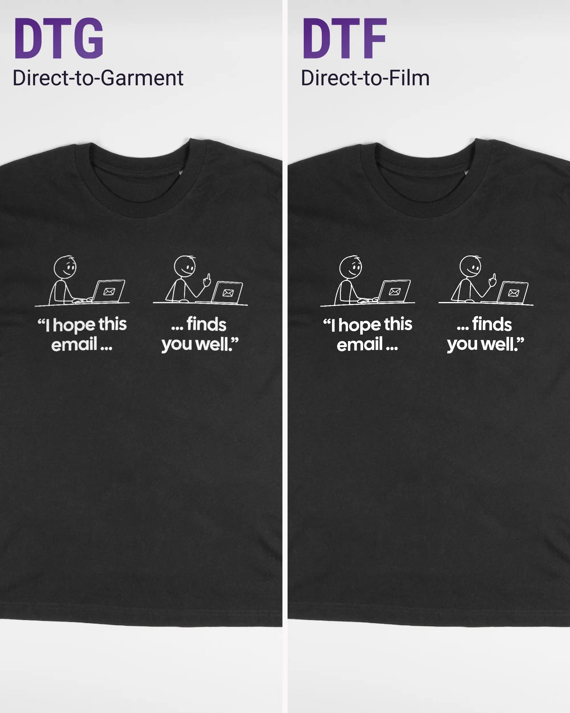 Vergleich der Vorderseiten des Basic Unisex T-Shirt Oversized von Maondo mit dem Design Found me not well in der Farbe Black und in der Größe S links mit dem Direct-to-Garment und rechts mit dem Direct-to-Film Verfahren