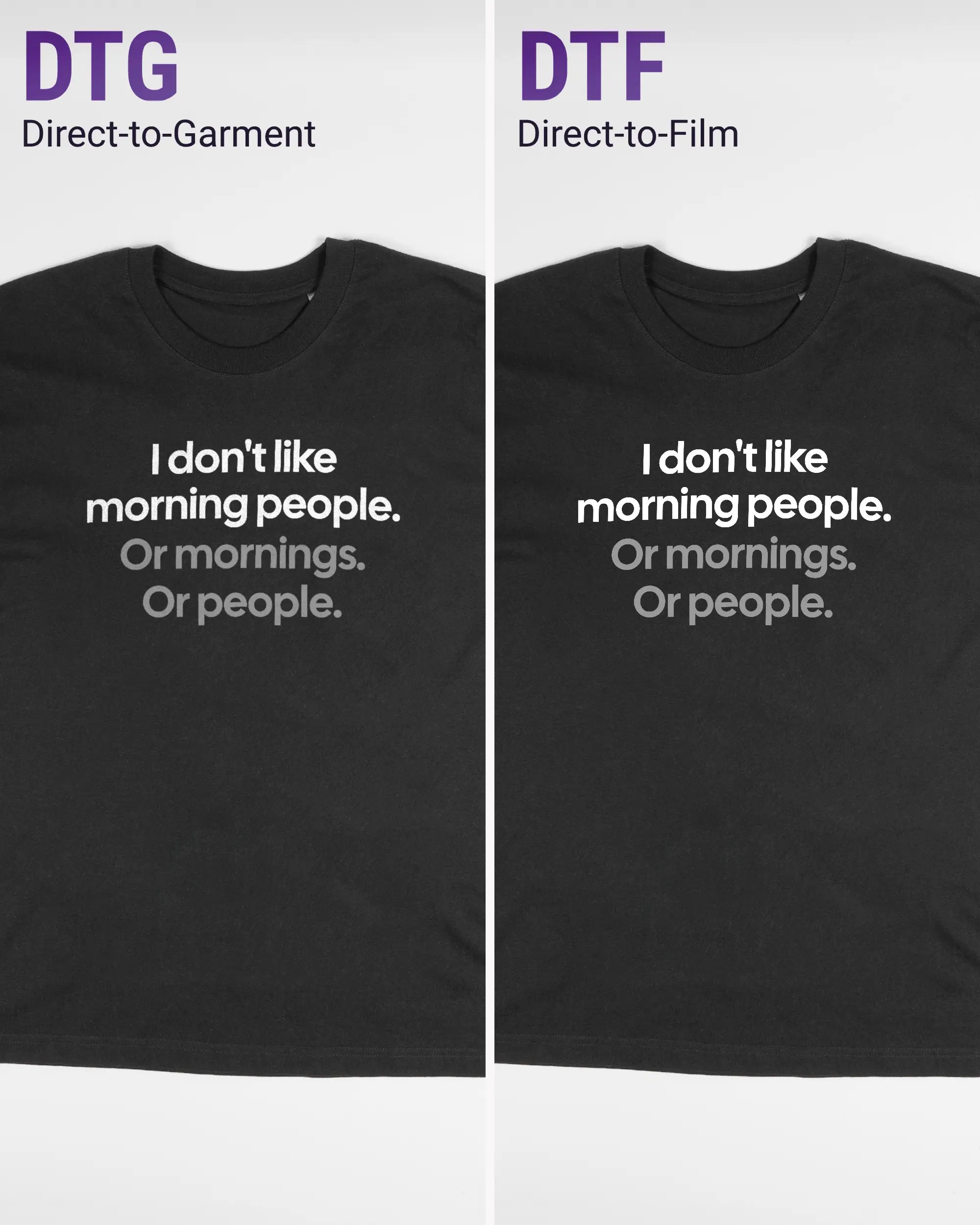 Vergleich der Vorderseiten des Basic Unisex T-Shirt Oversized von Maondo mit dem Design Morning Person in der Farbe Black und in der Größe S links mit dem Direct-to-Garment und rechts mit dem Direct-to-Film Verfahren