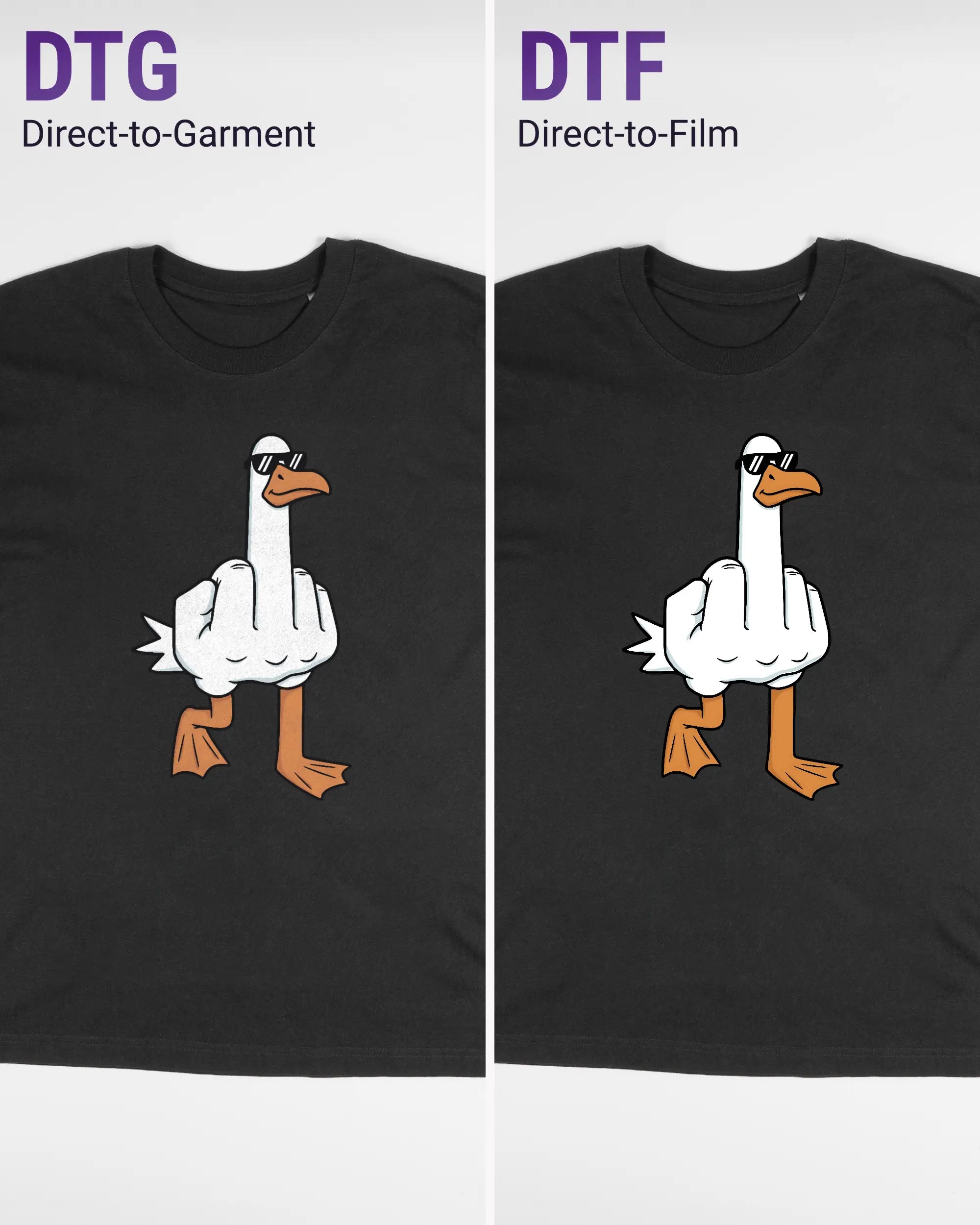 Vergleich der Vorderseiten des Basic Unisex T-Shirt Oversized von Maondo mit dem Design I give a duck in der Farbe Black und in der Größe S links mit dem Direct-to-Garment und rechts mit dem Direct-to-Film Verfahren
