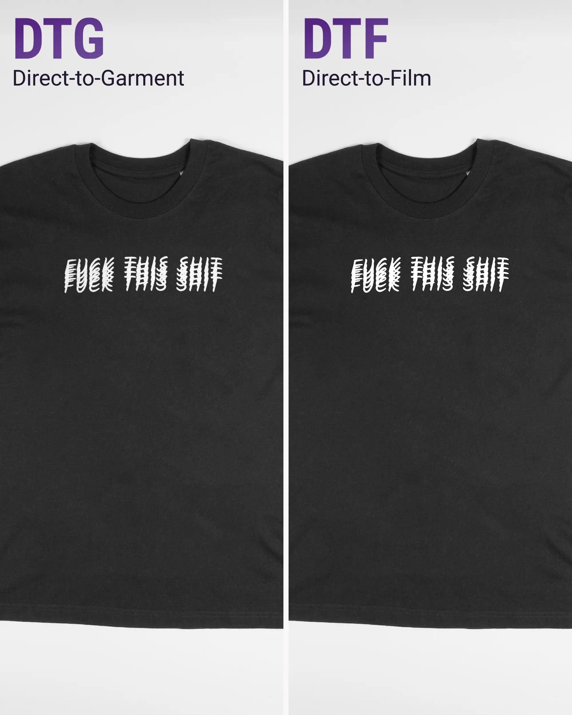 Vergleich der Vorderseiten des Basic Unisex T-Shirt Oversized von Maondo mit dem Design Hidden Message in der Farbe Black und in der Größe S links mit dem Direct-to-Garment und rechts mit dem Direct-to-Film Verfahren